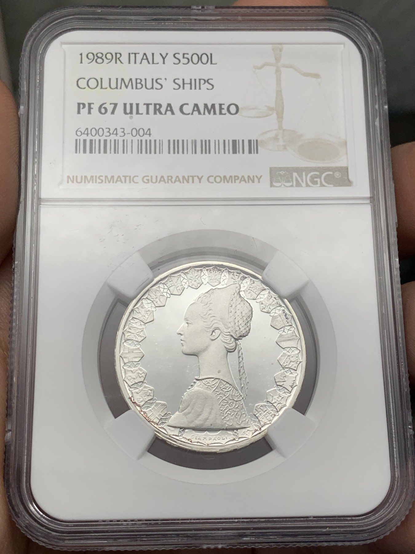 《竞宝斋》第209场-周日，周一 2场 (全场包邮) NGC-PF67 意大利 1989年帆船女神500里拉精制银币 完美底板
