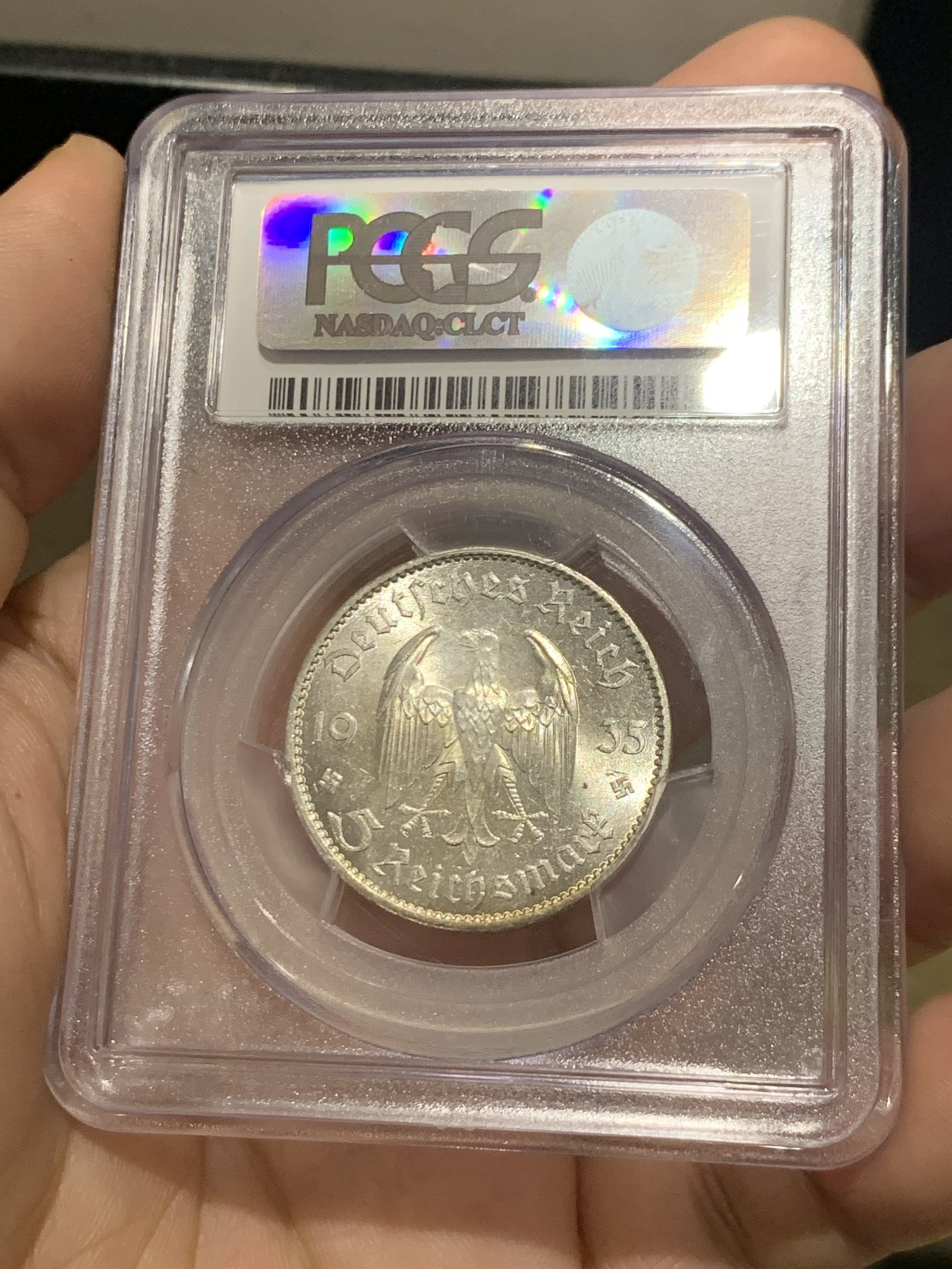 《竞宝斋》第209场-周日，周一 2场 (全场包邮) PCGS-MS63 德国 1935年教堂无字5马克银币 好品极少见