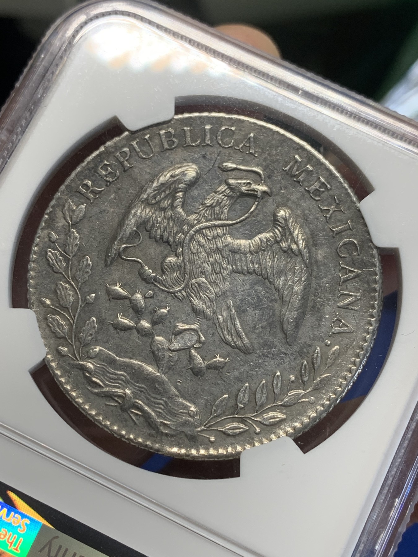 《竞宝斋》第209场-周日，周一 2场 (全场包邮) NGC AU 墨西哥1891年8R全羽毛鹰洋银币 漆黑古包浆 砸盒币重评可能有惊喜