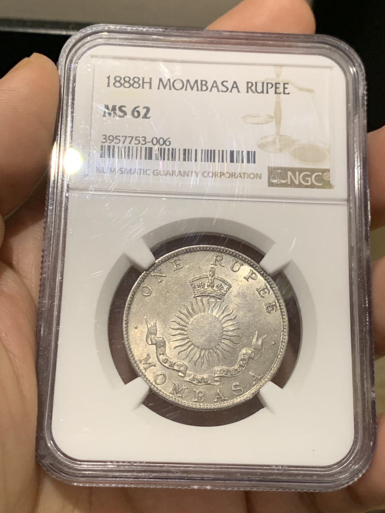 《竞宝斋》第209场-周日，周一 2场 (全场包邮) NGC-MS62 1888年蒙巴萨1卢比银币 东非著名港口，郑和留下过足迹