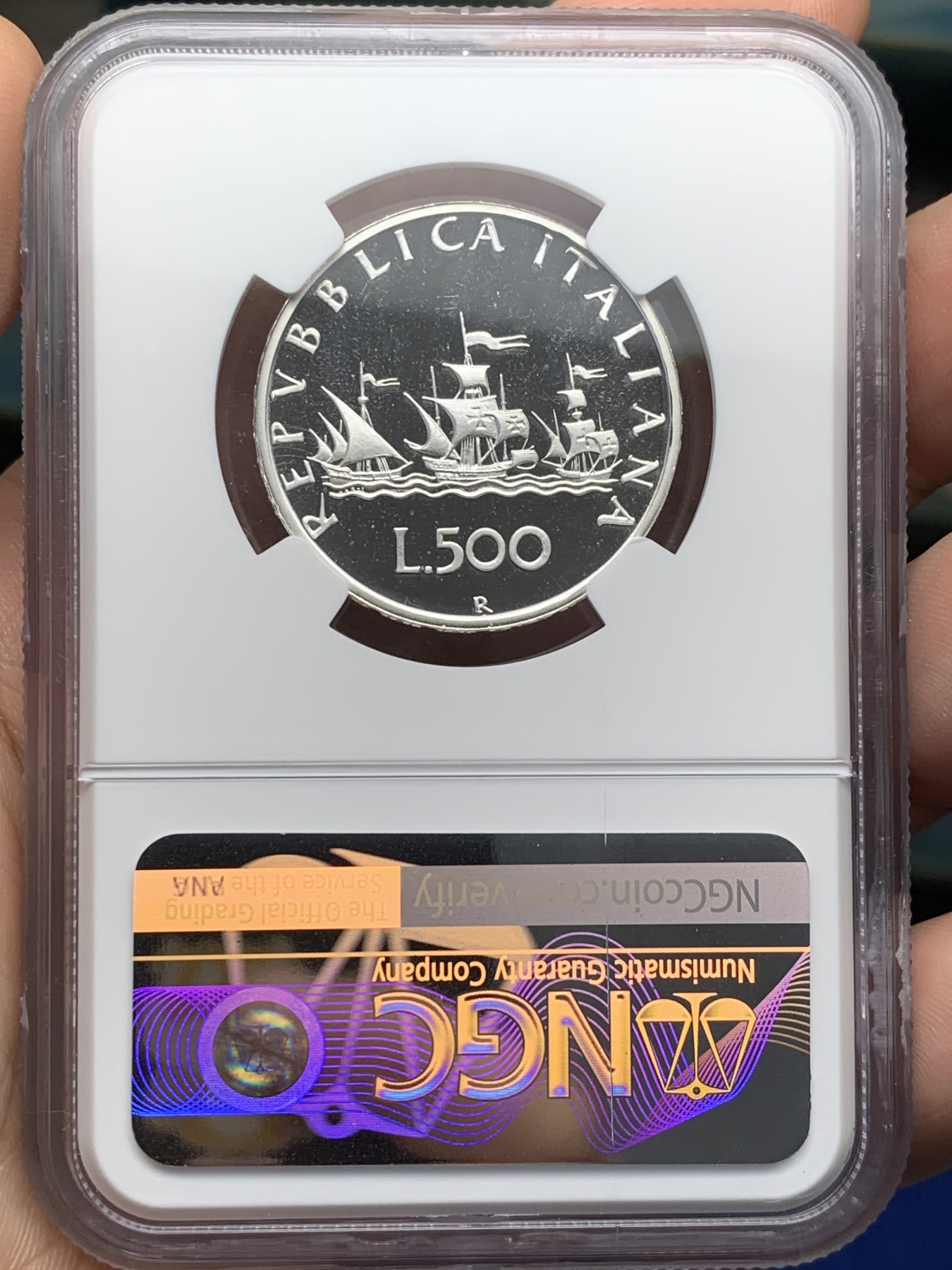 《竞宝斋》第209场-周日，周一 2场 (全场包邮) NGC-PF67 意大利 1989年帆船女神500里拉精制银币 完美底板