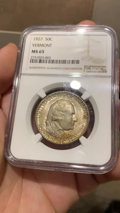 《竞宝斋》第209场-周日，周一 2场 (全场包邮) NGC-MS65  美国1927年佛蒙特州 半美元 纪念币 少见品种 金色包浆 高分 平台首拍