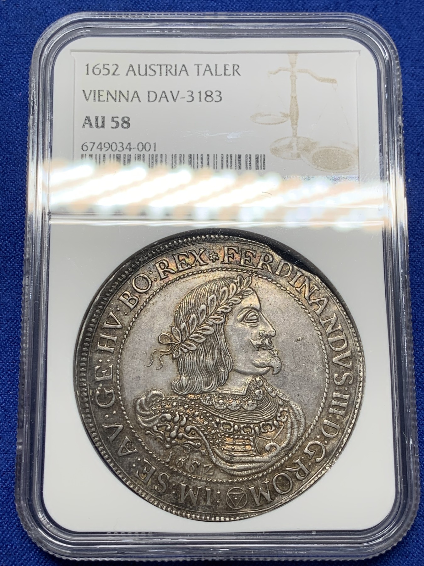 《竞宝斋》第209场-周日，周一 2场 (全场包邮) NGC-AU58 1652年 神圣罗马帝国 斐迪南三世 1泰勒 大银币   原光黄金包浆，高点俱在细节佳，低评，该年份冠军分！维也纳造币厂，少见品种，猪嘴利奥波德一世的爸爸
