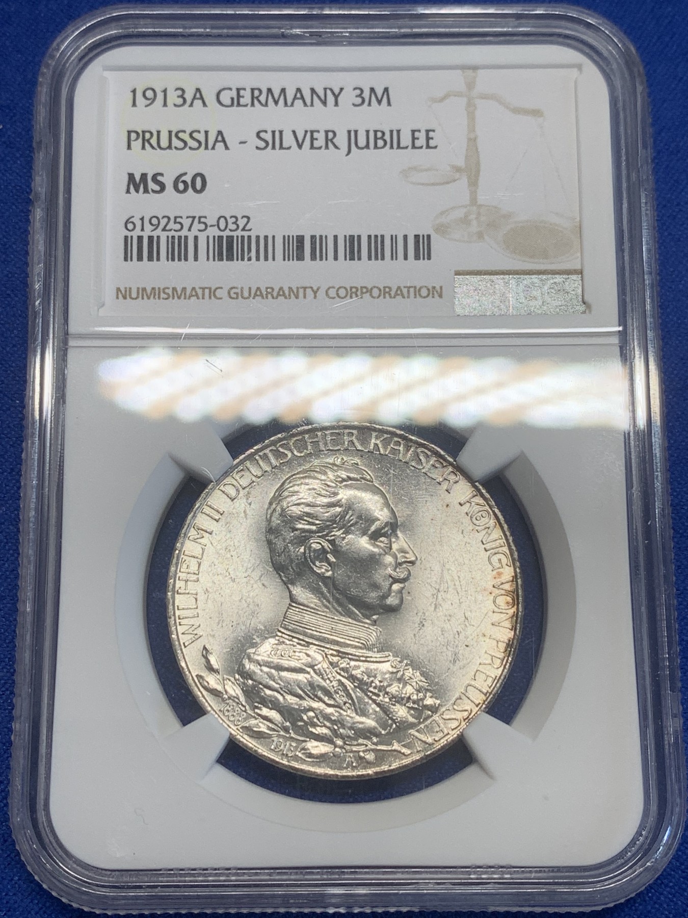 《竞宝斋》第209场-周日，周一 2场 (全场包邮) NGC-MS60 德国 1913年 威廉二世戎装3马克 银币