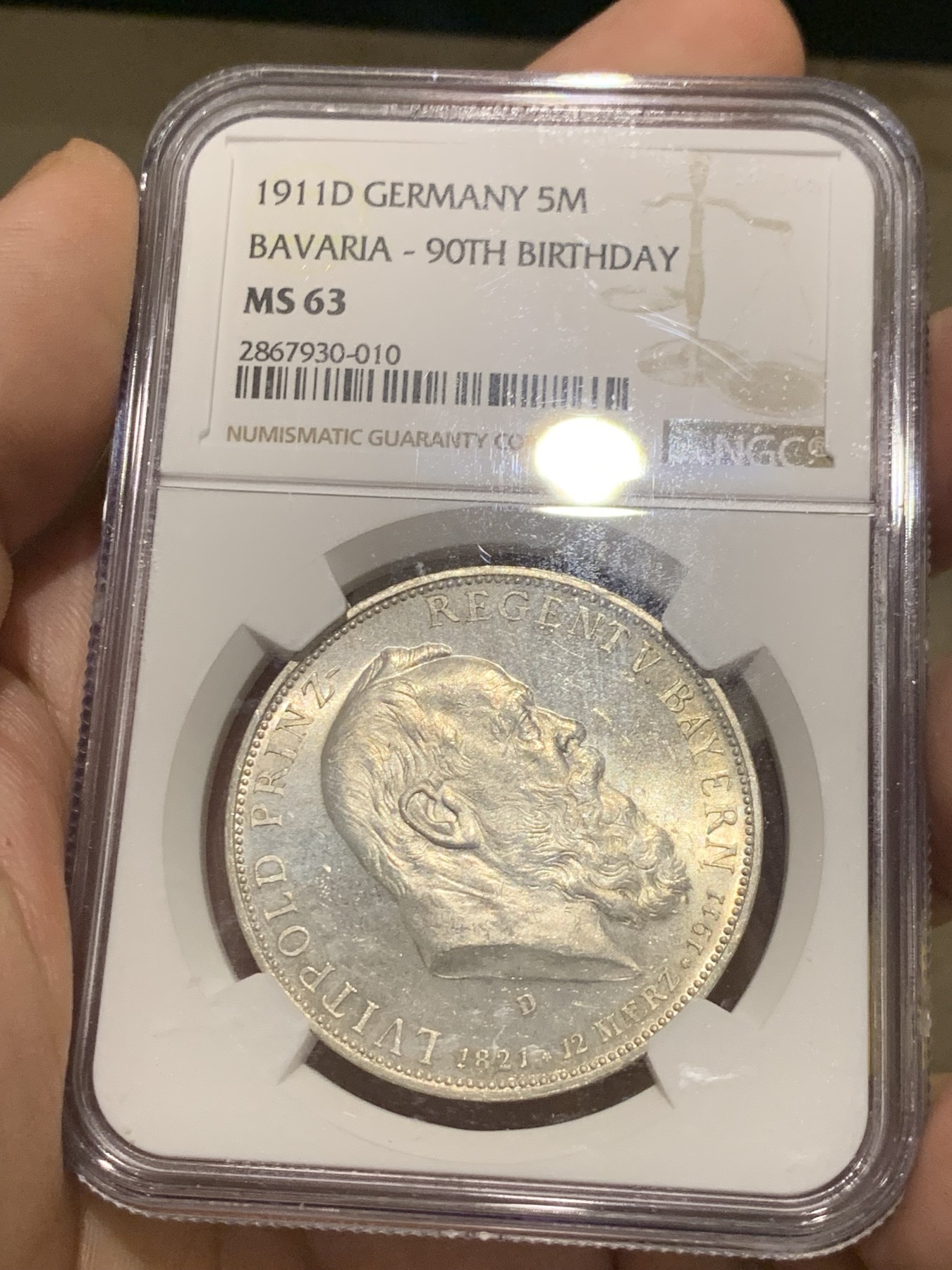 《竞宝斋》第209场-周日，周一 2场 (全场包邮) NGC-MS63 1911年  德国  巴伐利亚王国 5马克 利奥波德亲王90大寿纪念币 细节一流