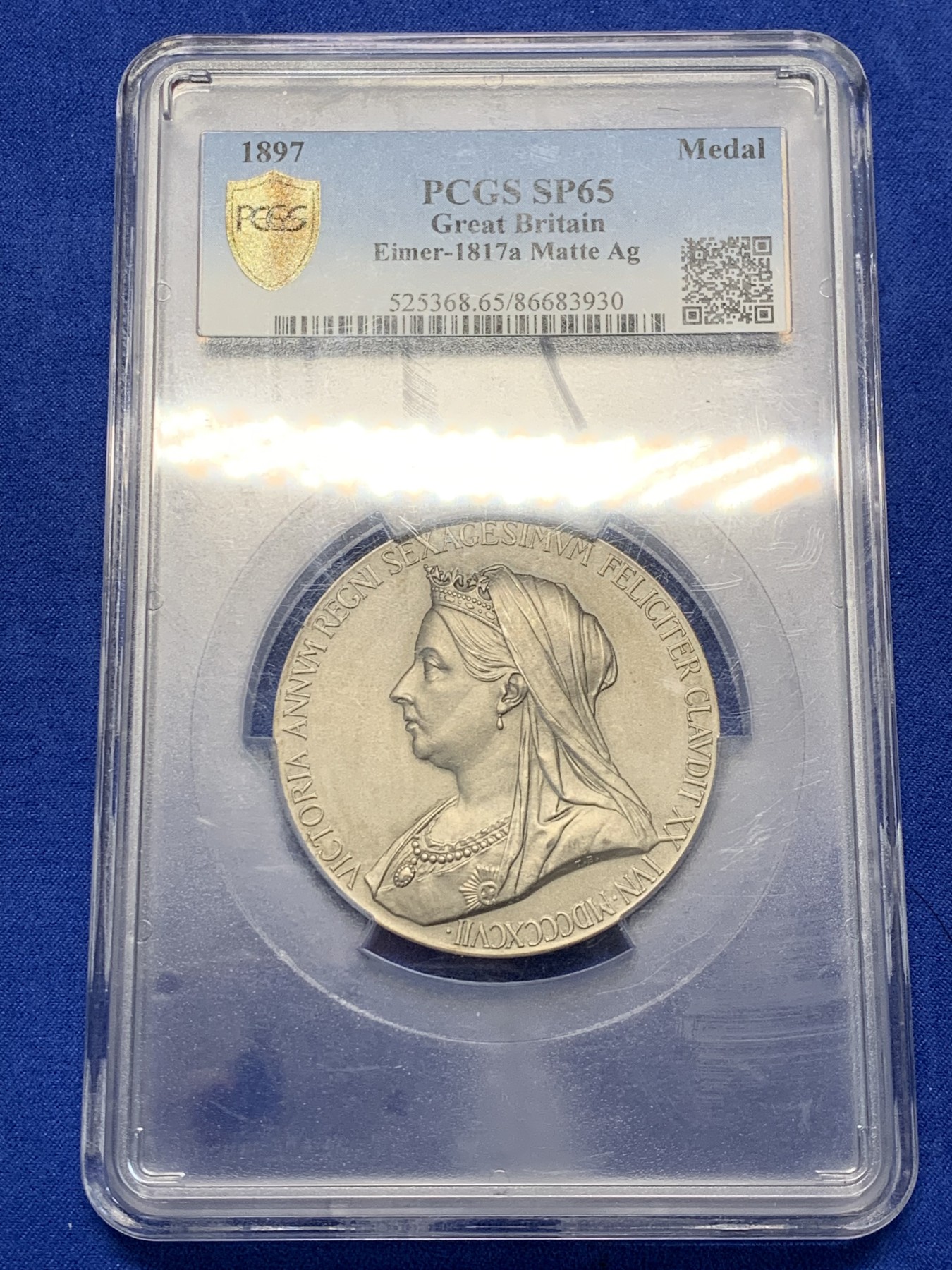 《竞宝斋》第209场-周日，周一 2场 (全场包邮) PCGS SP65 英国 1897年 维多利亚登基60周年纪念大银章 MATTE 磨砂板少见  55mm 84.7克 热门品种 大盒封装