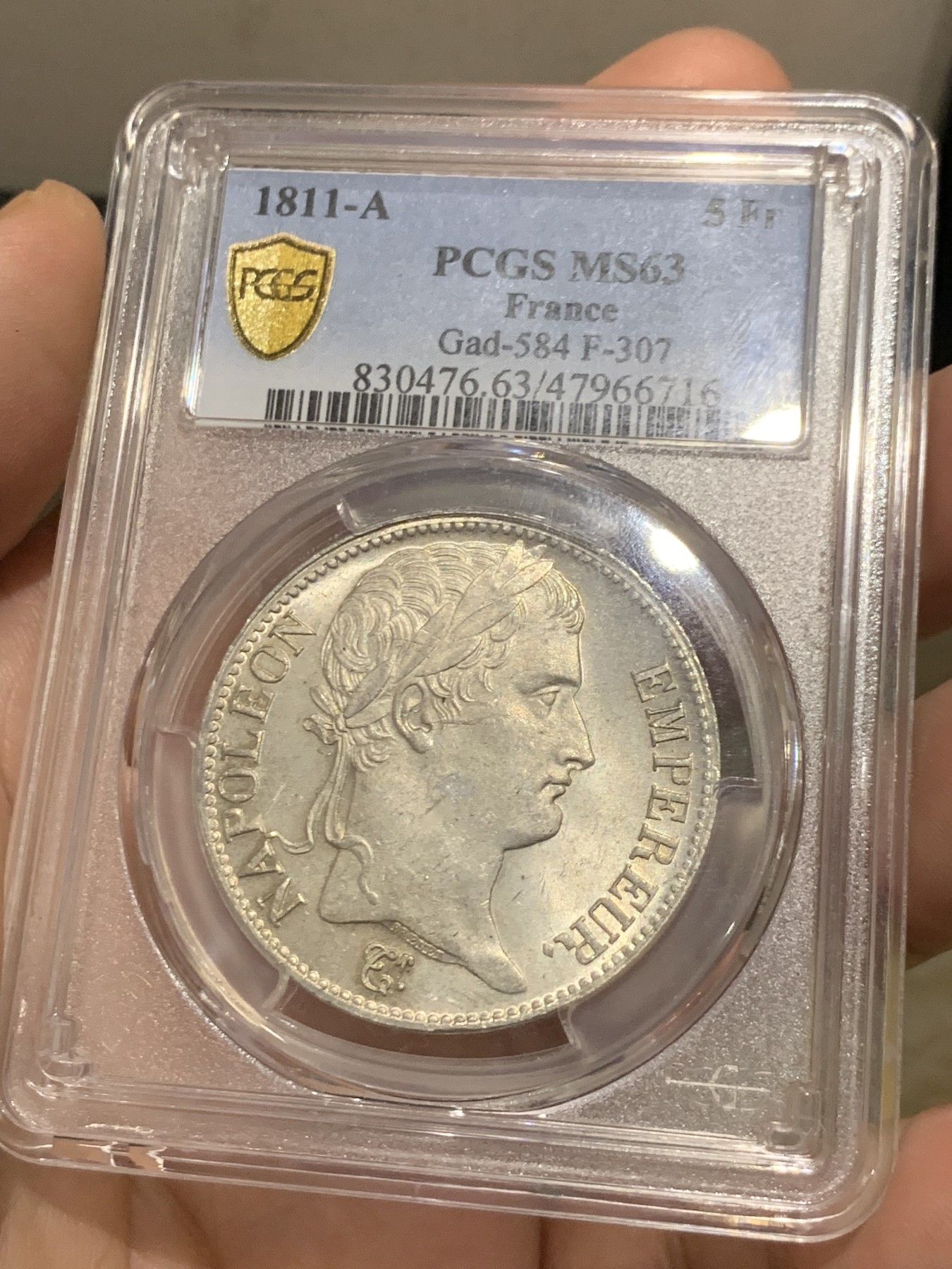 《竞宝斋》第209场-周日，周一 2场 (全场包邮) PCGS MS63 法国1811年拿破仑一世银币，车轮光细腻 底板淡黄色包浆 也是p盒子首拍高分，高分少见一步到位！