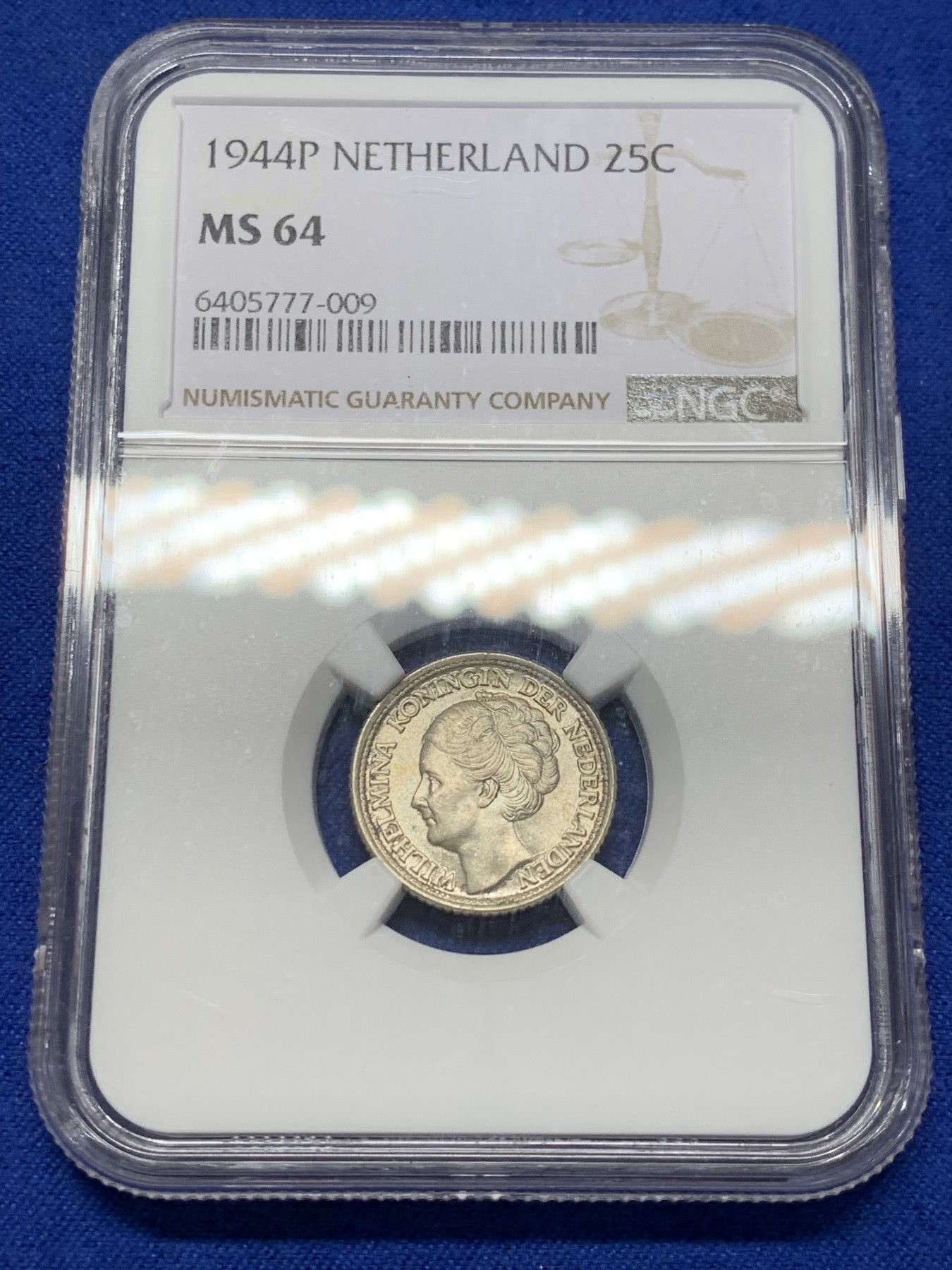 《竞宝斋》第209场-周日，周一 2场 (全场包邮) NGC-MS64 荷兰 1944年 威廉明娜女王25C银币