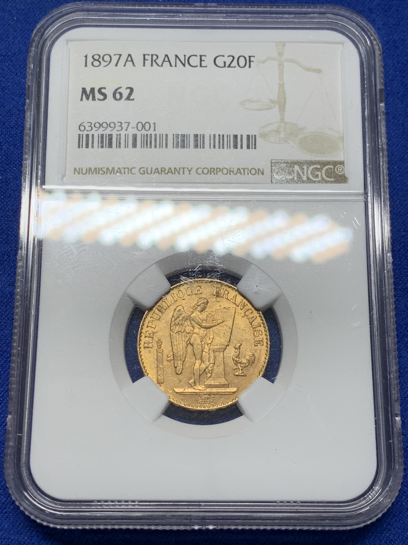 《竞宝斋》第209场-周日，周一 2场 (全场包邮) NGC MS62 法国1897年天使20法郎金币 非常著名的幸运金币 战时法国飞行员起飞必备