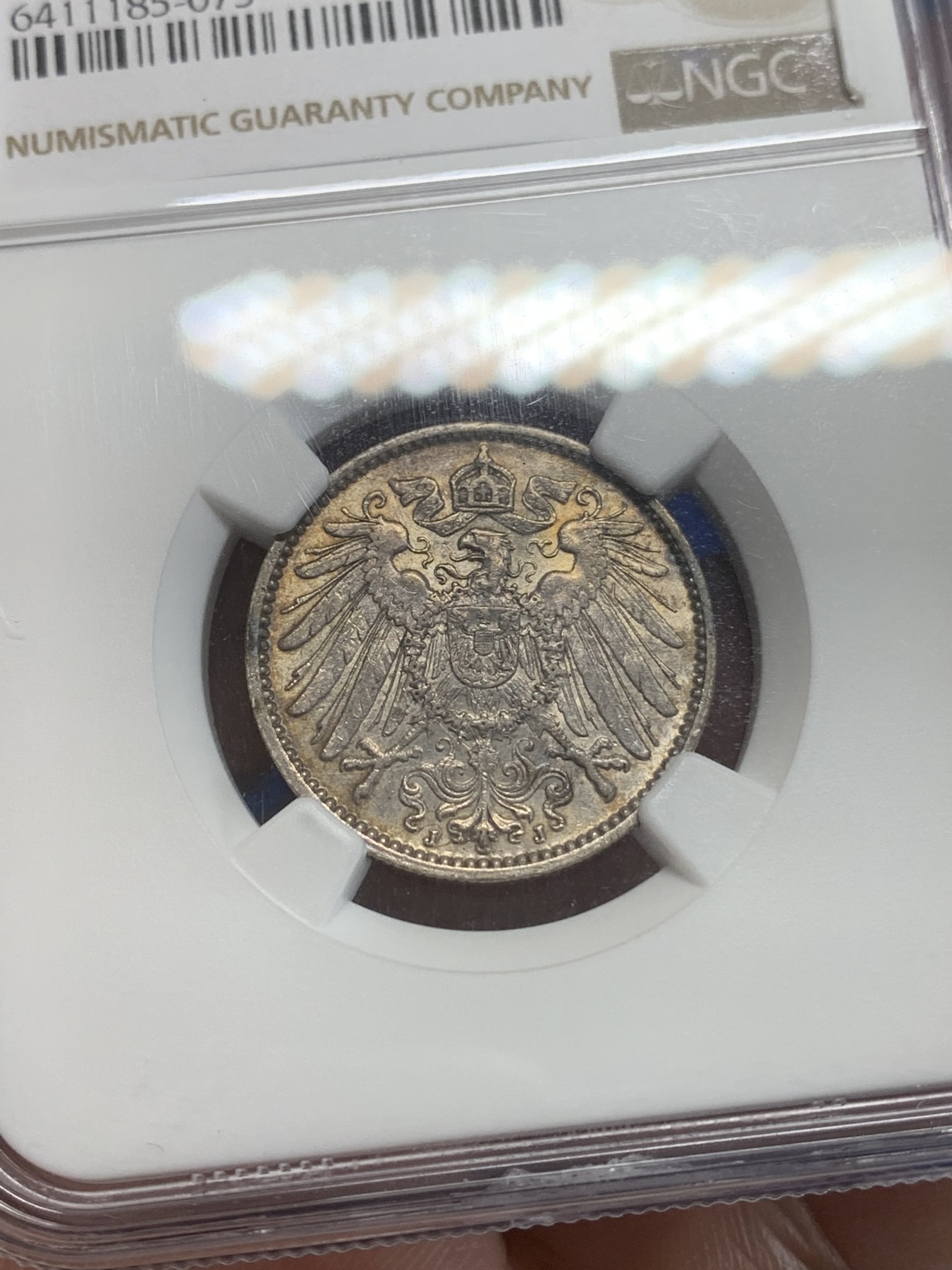 《竞宝斋》第209场-周日，周一 2场 (全场包邮) NGC MS61 德国 1914 J版 帝国 1马克银币 彩包浆 不错