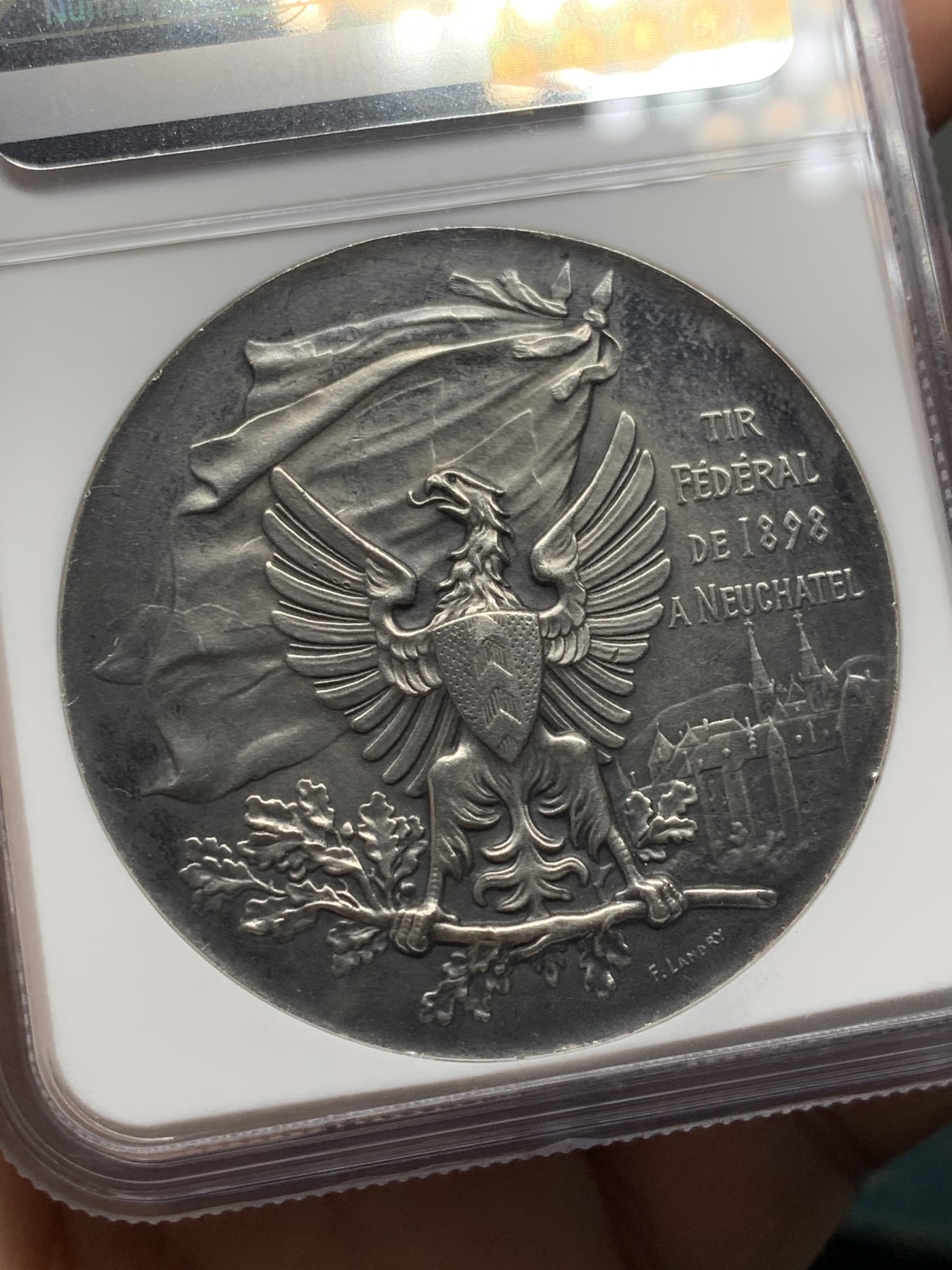 《竞宝斋》第209场-周日，周一 2场 (全场包邮) NGC MS61 热门品种 1898年 瑞士纳沙泰尔射击节银章 rich编号970C, 发行量4250枚 存世量低于500枚