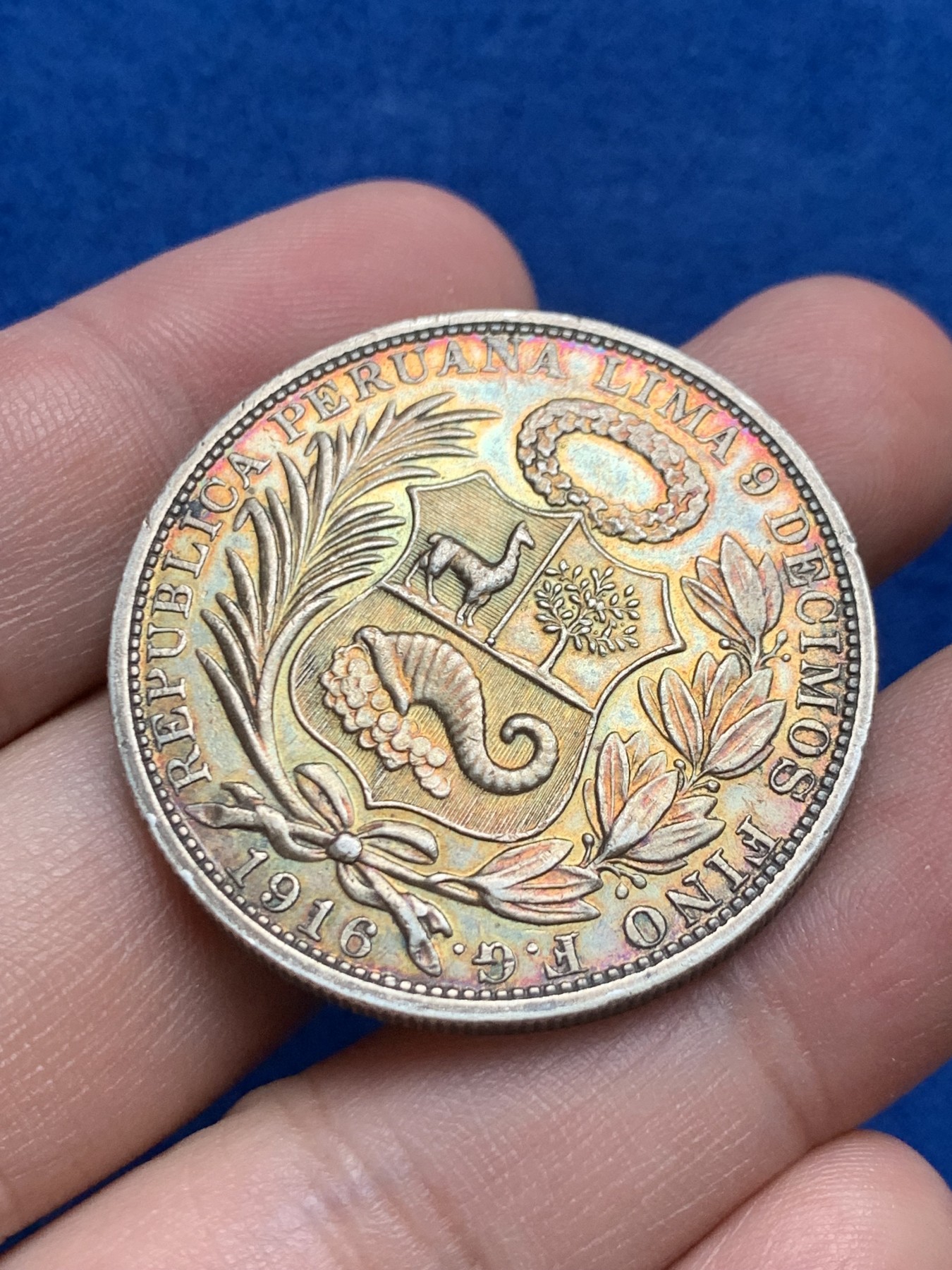 《竞宝斋》第209场-周日，周一 2场 (全场包邮) 秘鲁 1916年 1索尔 坐人女神 高银最后一年 热门南美银币