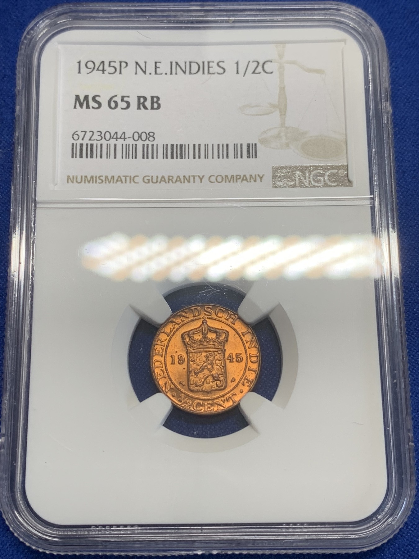 《竞宝斋》第209场-周日，周一 2场 (全场包邮) NGC-MS65RB 荷属东印度 1945年半分铜币 高分好状态