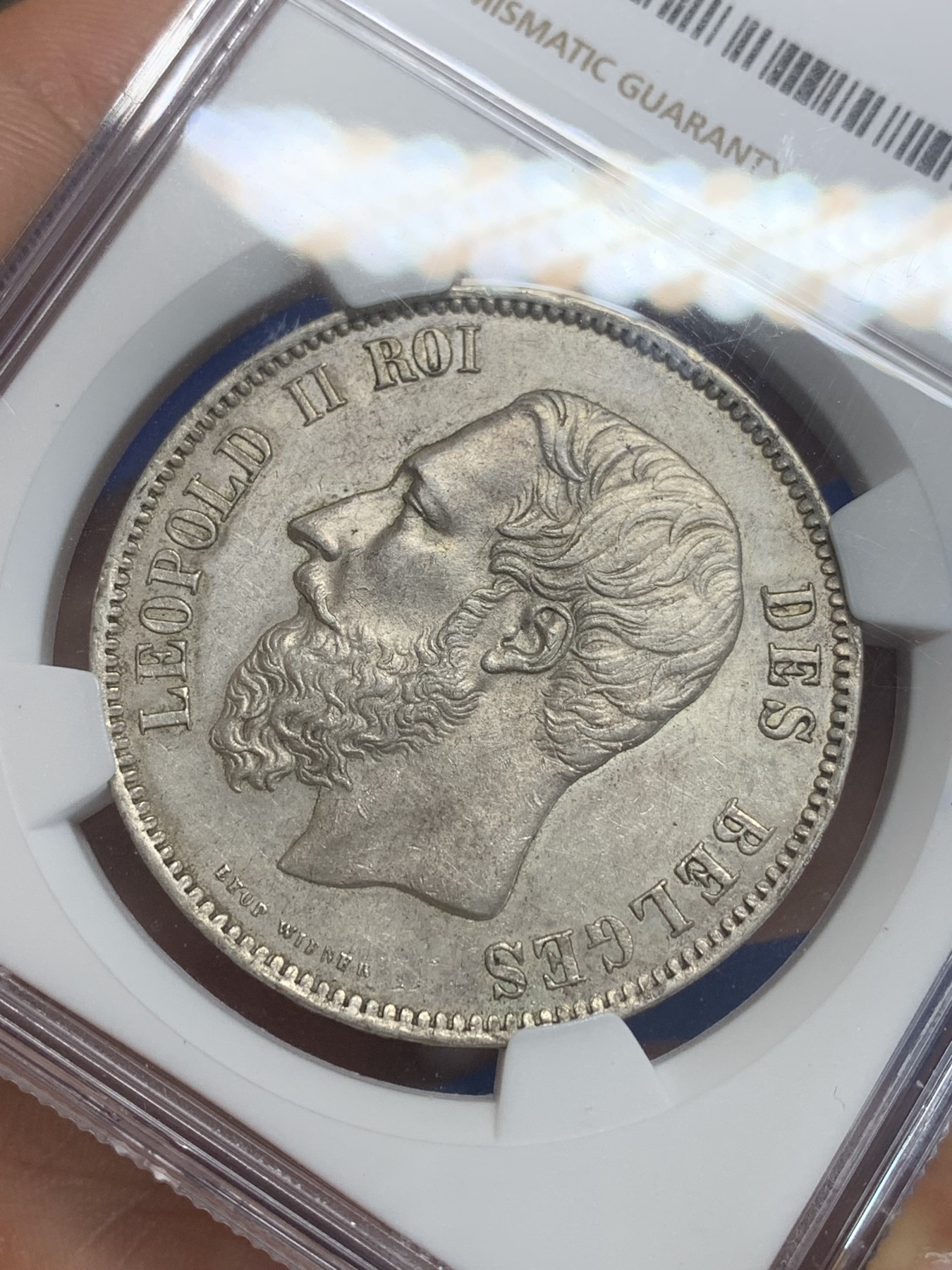 《竞宝斋》第209场-周日，周一 2场 (全场包邮) NGC AU55 比利时1875利奥波德 5法郎银币 细节好