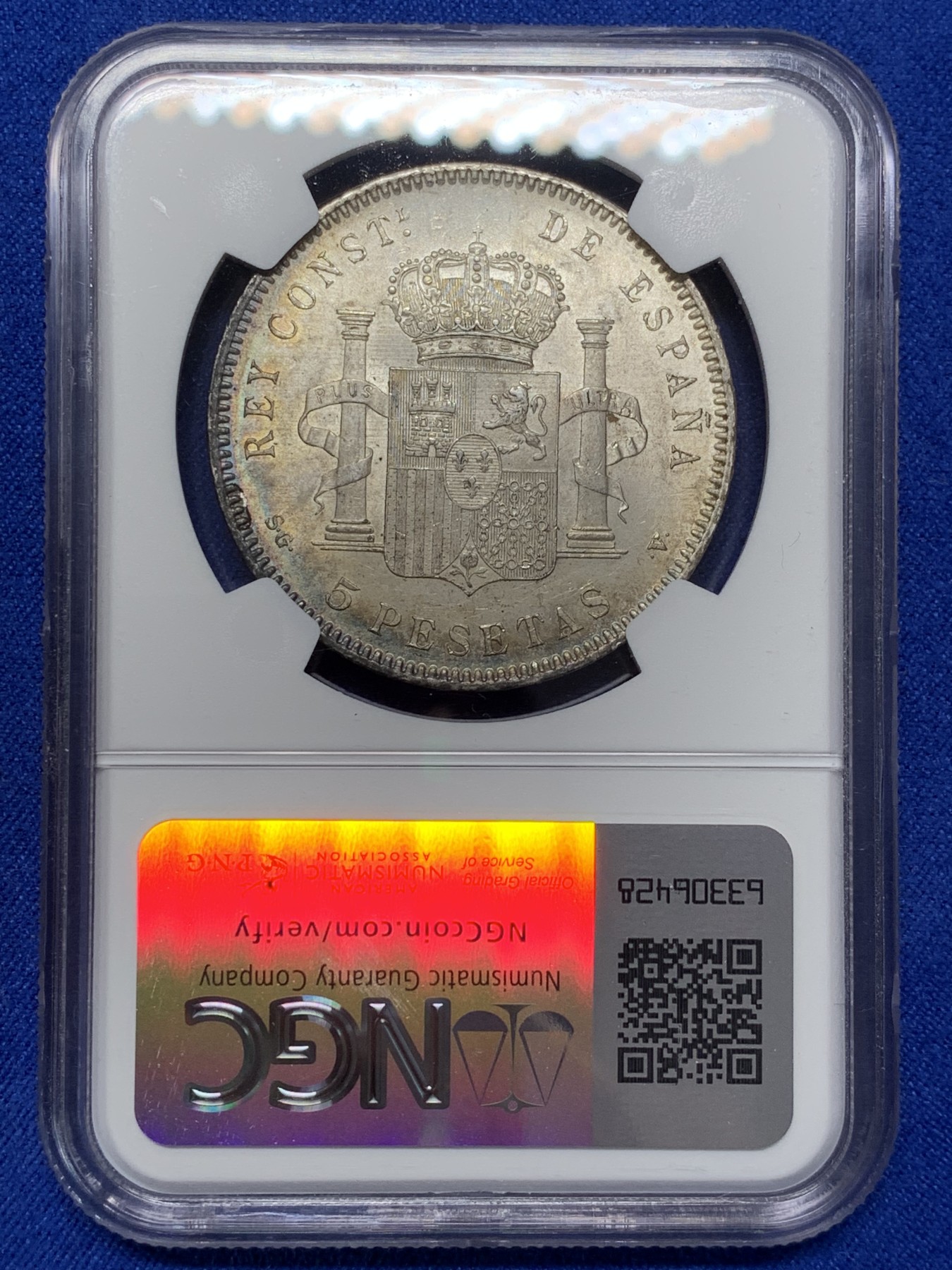 《竞宝斋》第209场-周日，周一 2场 (全场包邮) NGC-MS62 西班牙 1898年阿方索十三世小孩头双柱5比塞塔银币