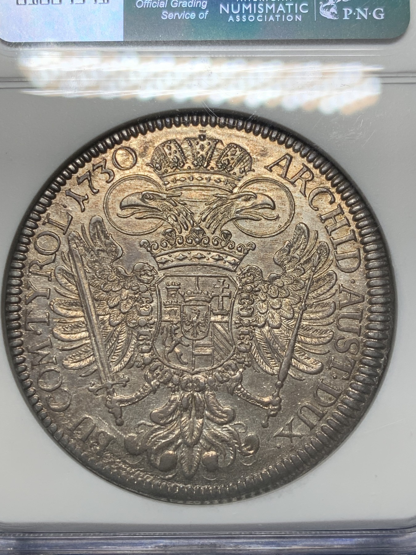 《竞宝斋》第209场-周日，周一 2场 (全场包邮) NGC-AU58 1730年 神圣罗马帝国 卡尔六世 1泰勒 大银币  原光紫彩包浆，严重低评，状态非常好