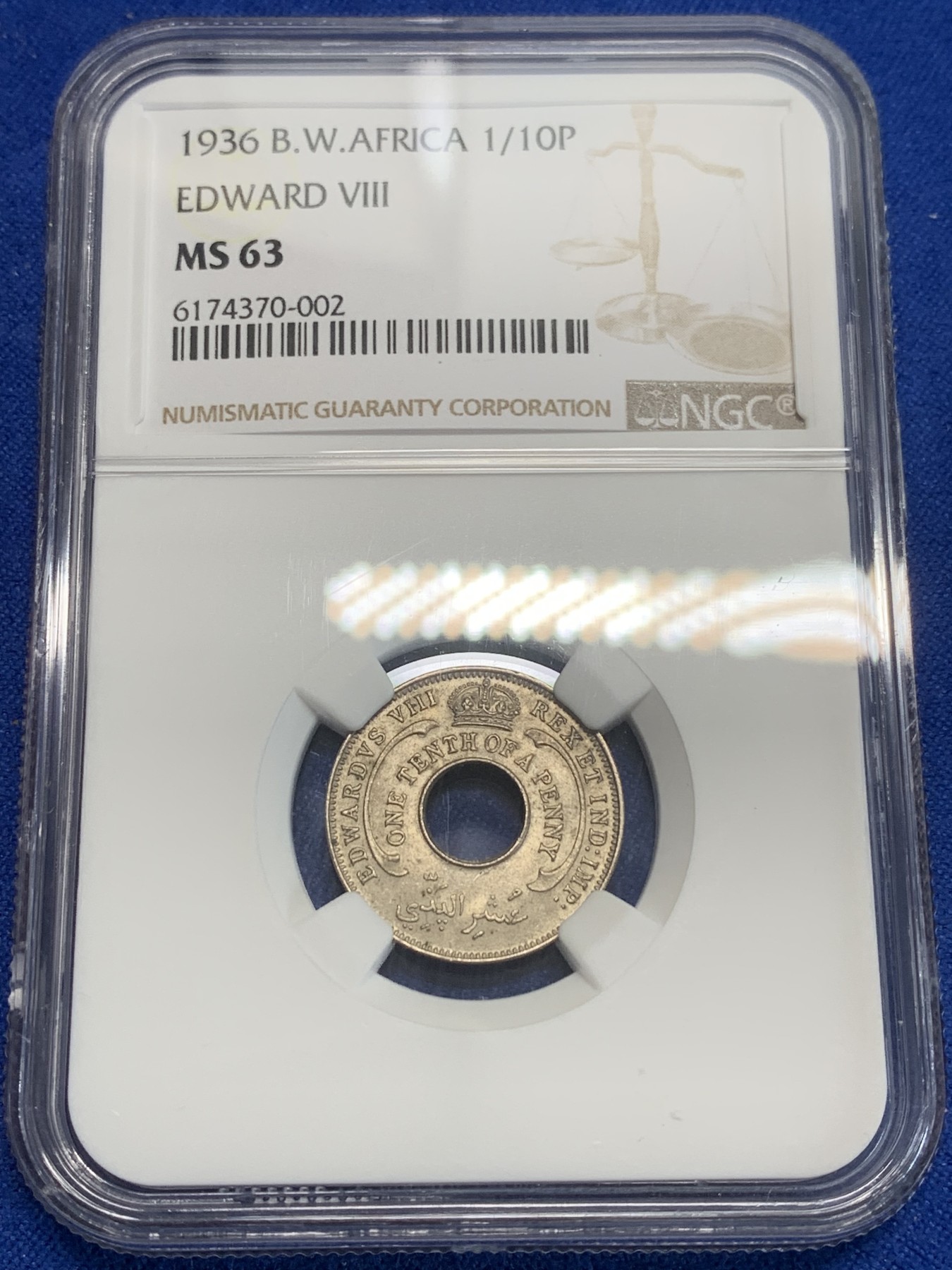 《竞宝斋》第209场-周日，周一 2场 (全场包邮) NGC-MS63 英属西非 1936年爱德华八世1/10便士