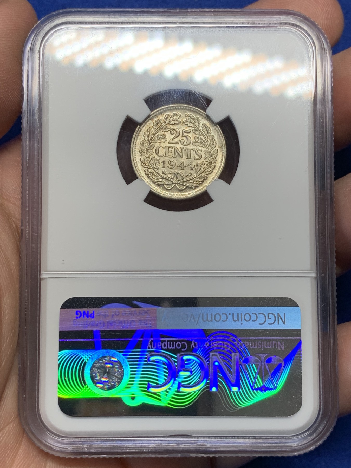 《竞宝斋》第209场-周日，周一 2场 (全场包邮) NGC-MS64 荷兰 1944年 威廉明娜女王25C银币