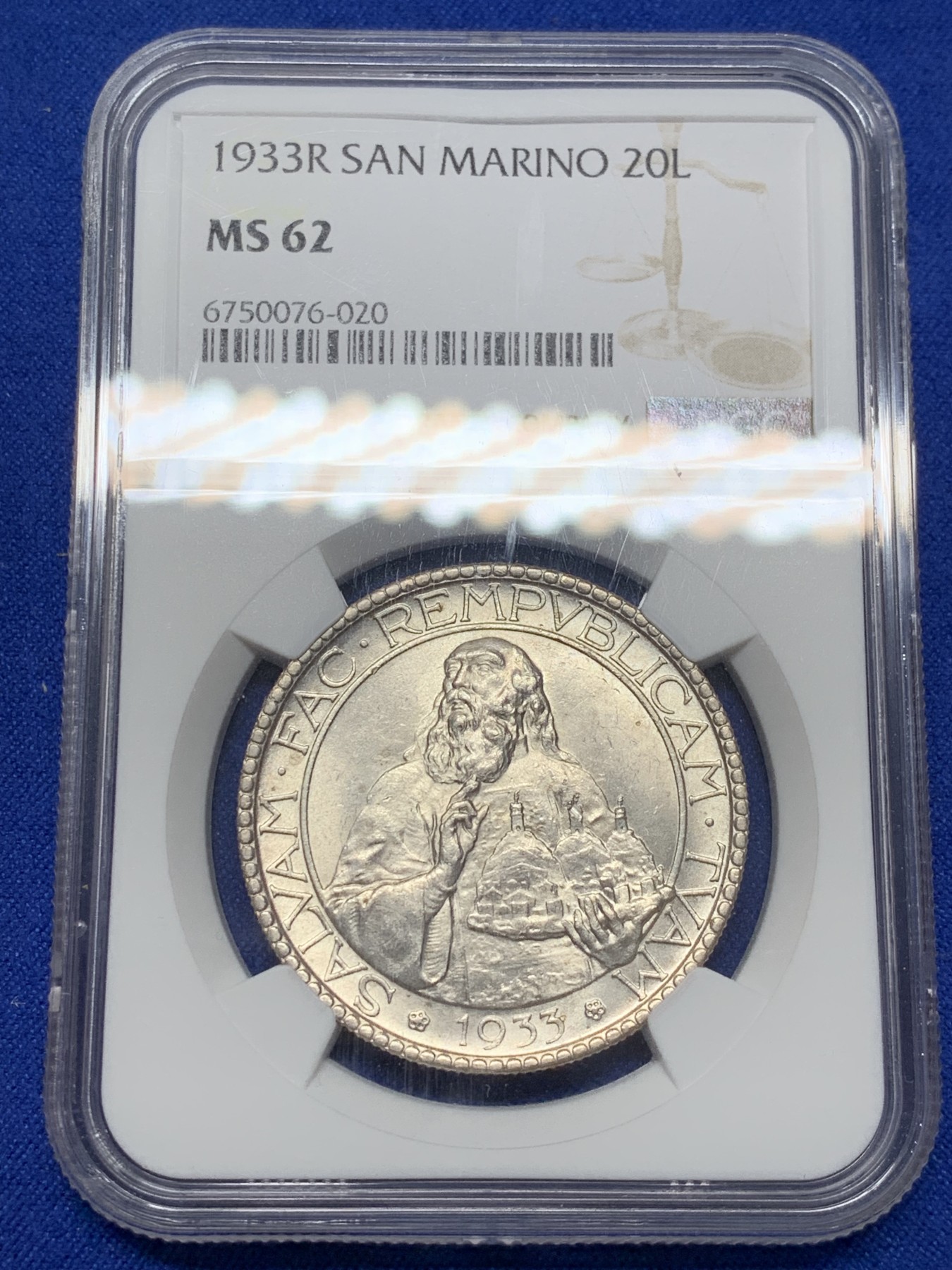 《竞宝斋》第209场-周日，周一 2场 (全场包邮) NGC MS62 1933年 圣马力诺 20里拉 银币