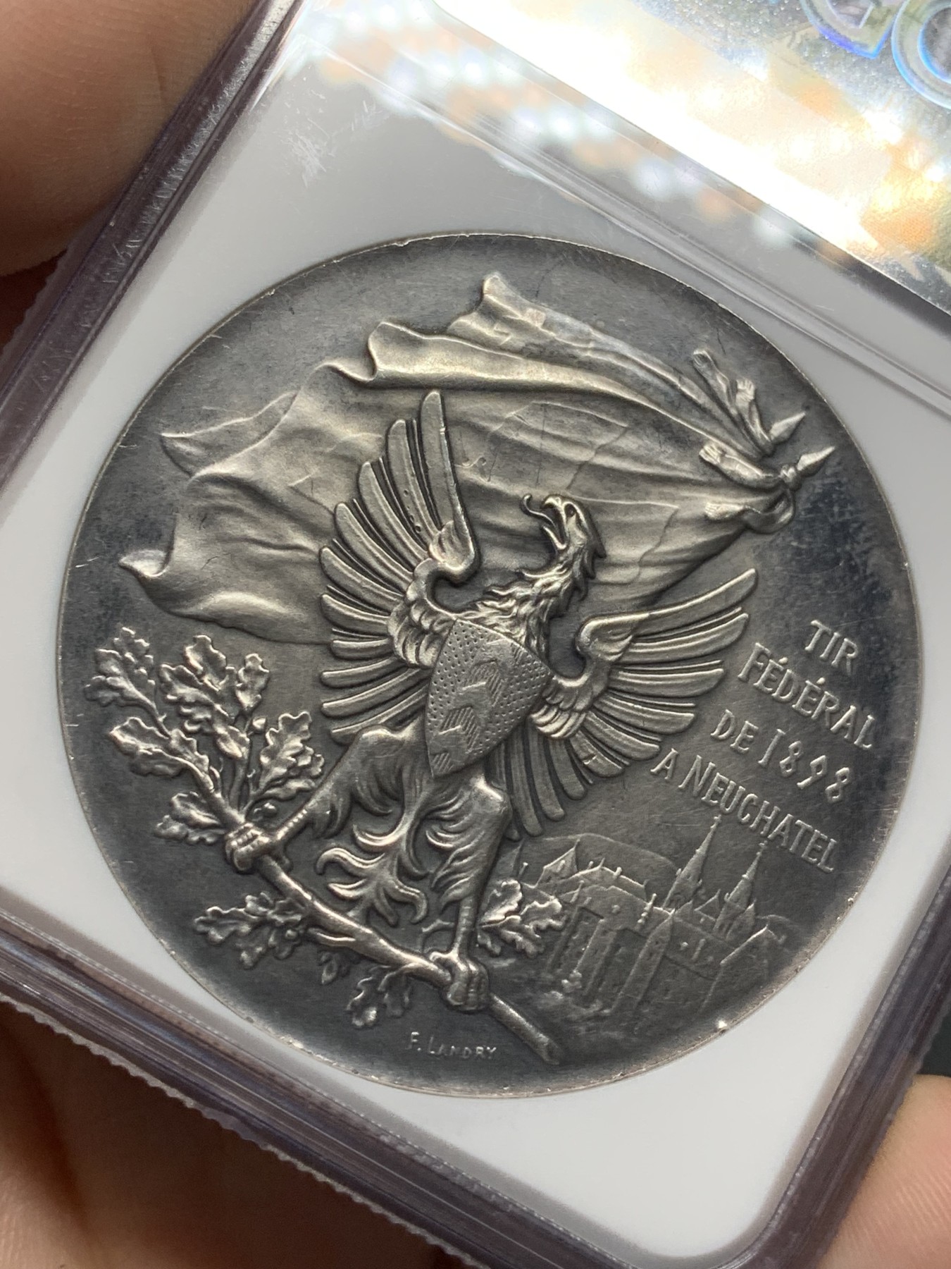 《竞宝斋》第209场-周日，周一 2场 (全场包邮) NGC MS61 热门品种 1898年 瑞士纳沙泰尔射击节银章 rich编号970C, 发行量4250枚 存世量低于500枚