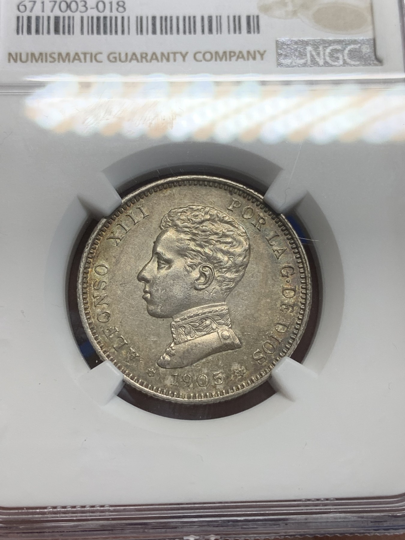 《竞宝斋》第209场-周日，周一 2场 (全场包邮) NGC-AU53 西班牙1905阿方索十三世2比塞塔银币 双面深彩包浆