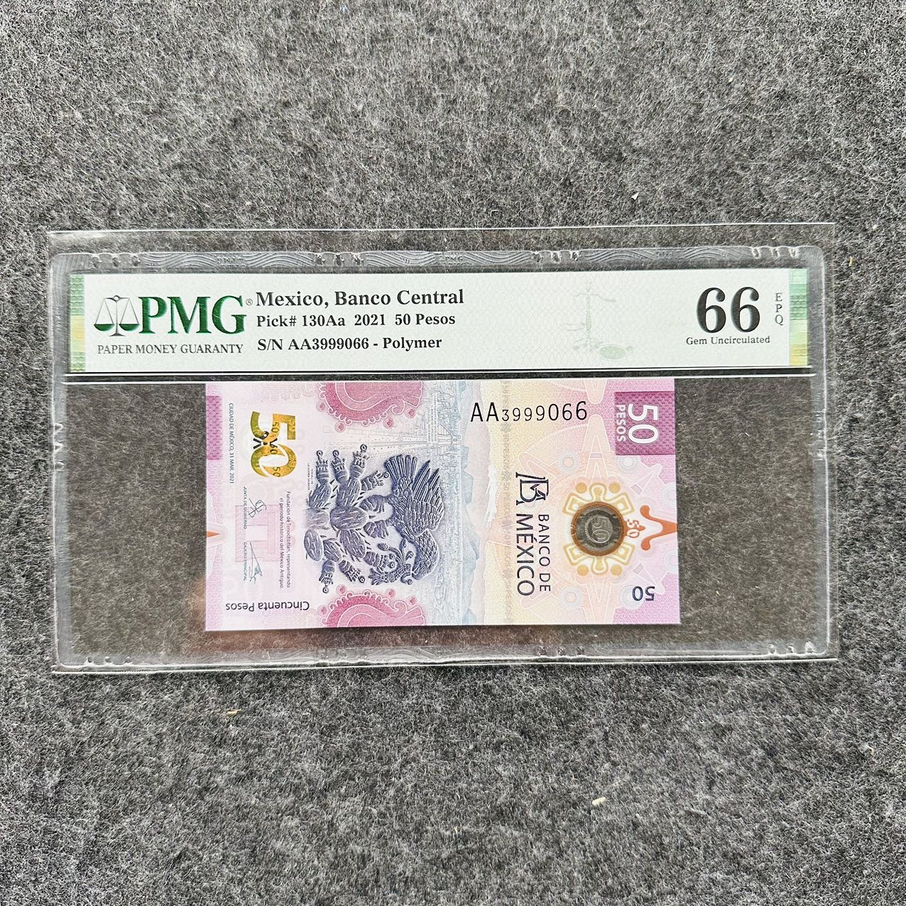 墨西哥2021年50比索塑料钞，AA首发冠+双尾尾8，IBNS获奖钞🏆，PMG66