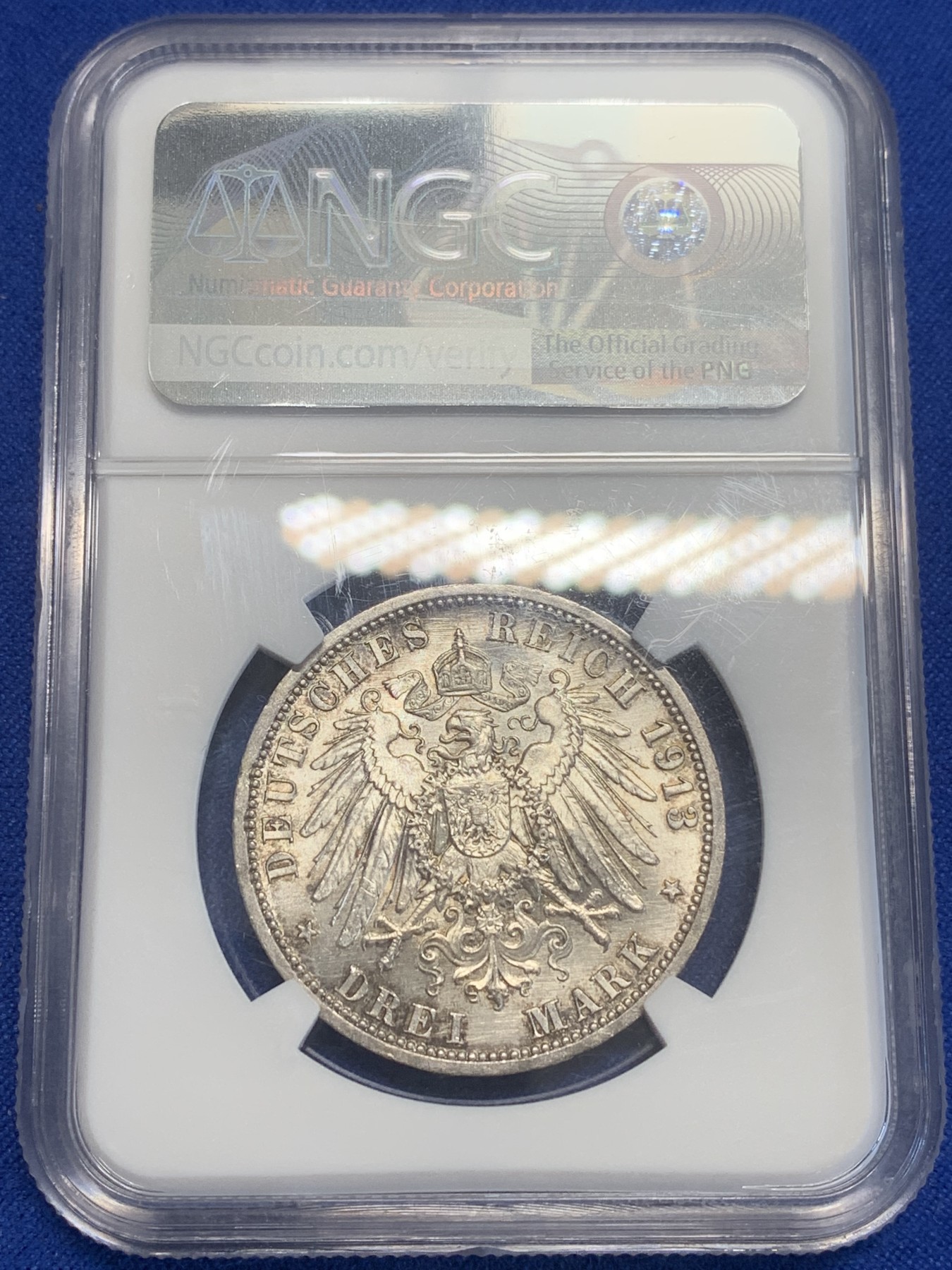 《竞宝斋》第209场-周日，周一 2场 (全场包邮) NGC MS63 德国1913普鲁士3马克银币