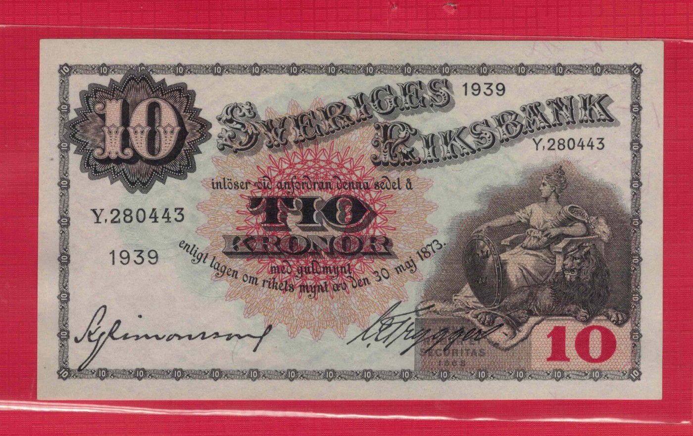 瑞典1939年10克郎 注意签名 欧洲纸币 实物如图 UNC