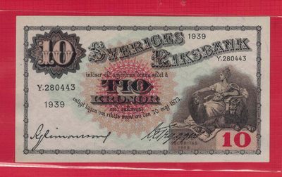 瑞典1939年10克郎 注意签名 欧洲纸币 实物如图 UNC - 瑞典1939年10克郎 注意签名 欧洲纸币 实物如图 UNC