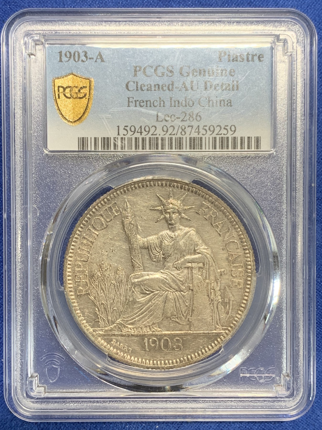 《竞宝斋》第209场-周日，周一 2场 (全场包邮) PCGS-AU 1903年法属印支坐洋银币，品相不错，可惜没有给分