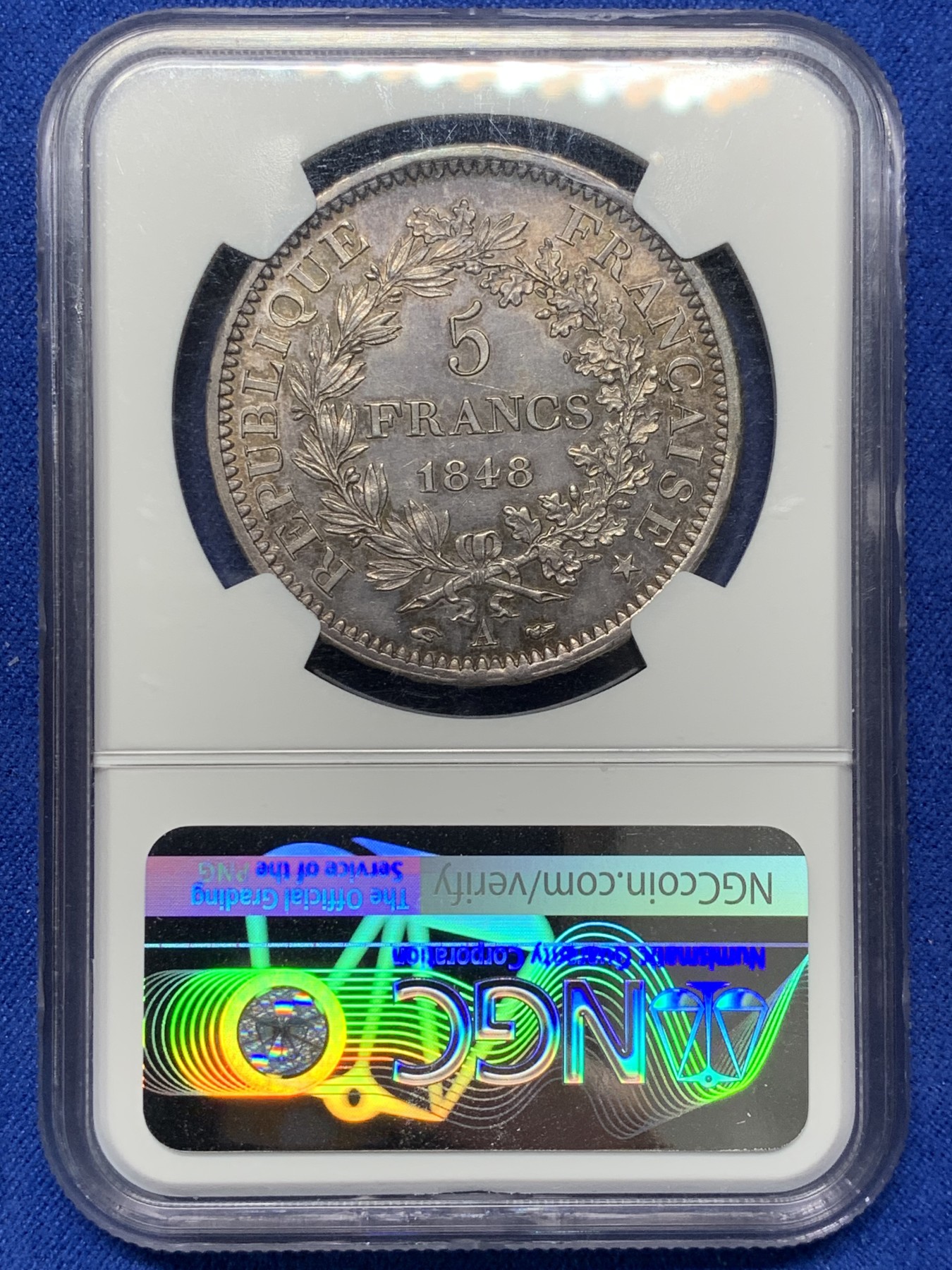 《竞宝斋》第209场-周日，周一 2场 (全场包邮) NGC-MS64 法国 1848A 大力神5法郎银币 初铸纹可见 极其难得