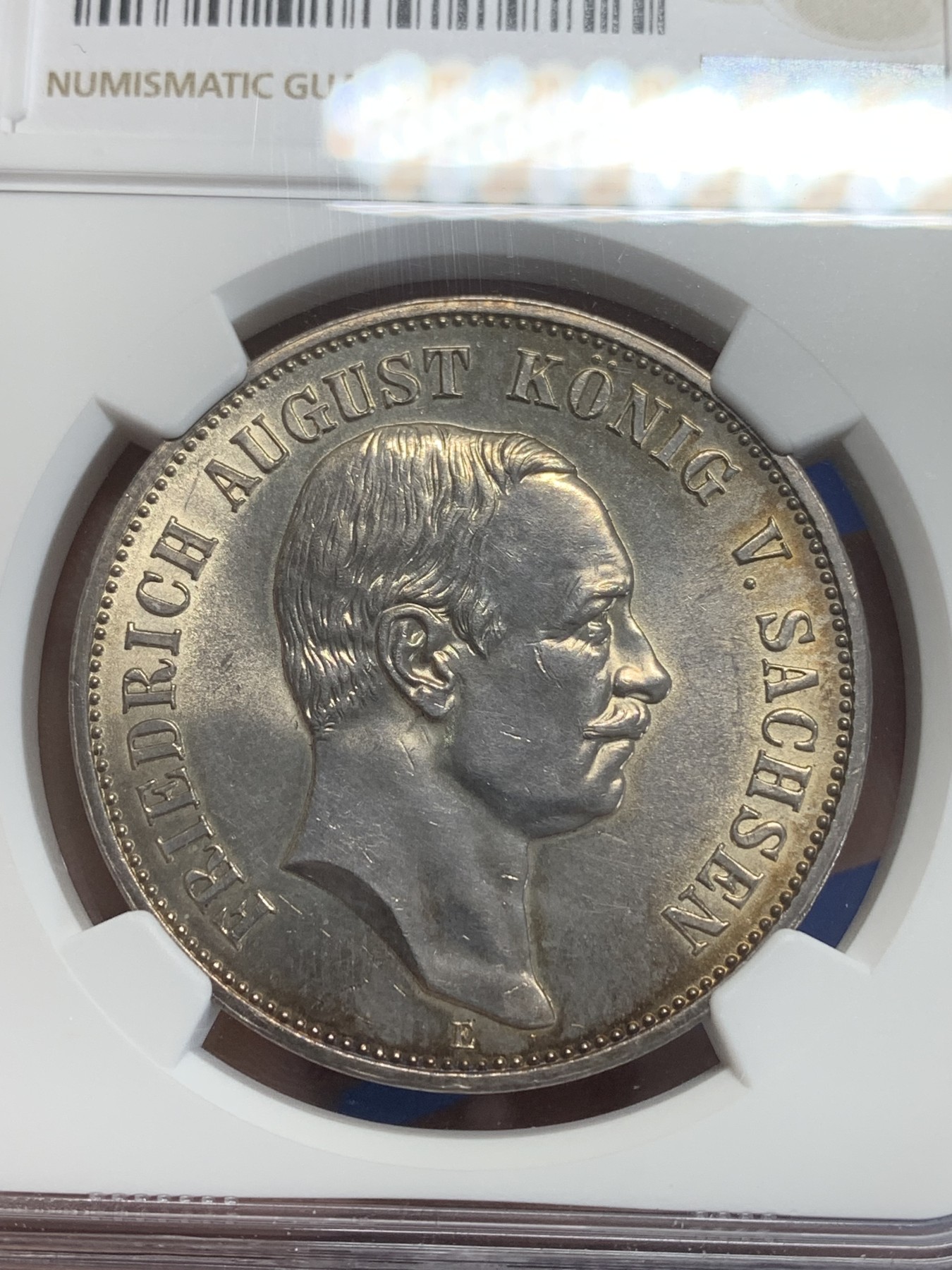 《竞宝斋》第209场-周日，周一 2场 (全场包邮) NGC-UNC 1914年 德国 萨克森王国 5马克大银币  金色包浆 细节很好