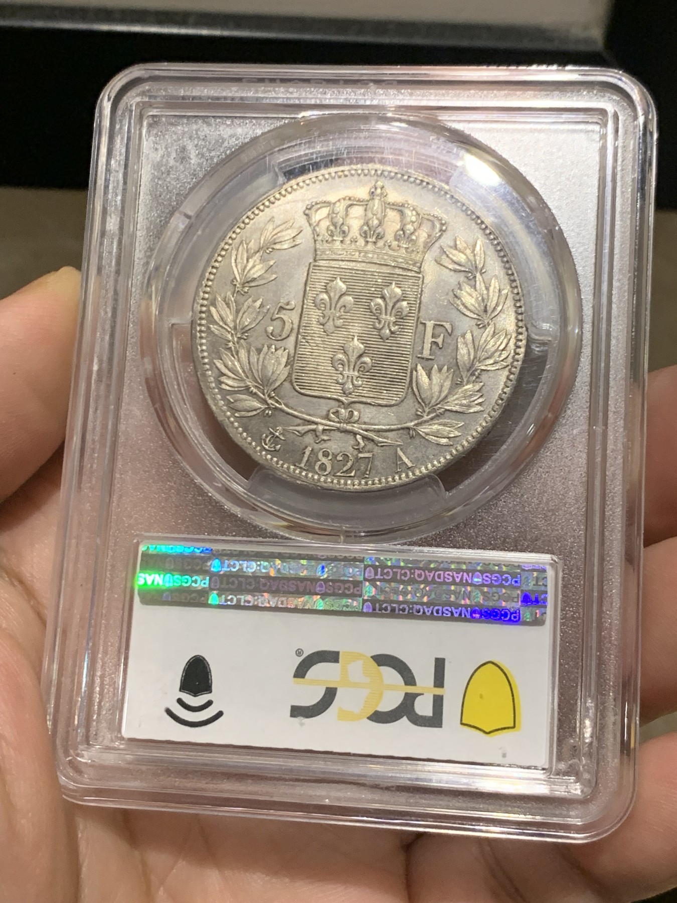 《竞宝斋》第209场-周日，周一 2场 (全场包邮) PCGS MS63 法国1827年查理十银币，正反面镜面效果非常完美 少见高分！查理银币小字版第一年同时也是冠军分！