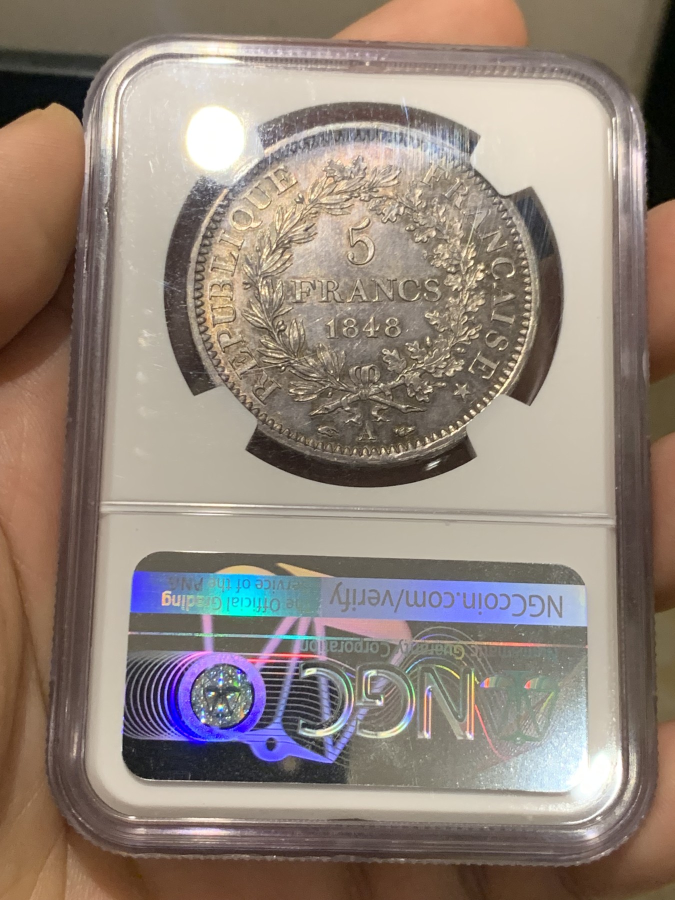 《竞宝斋》第209场-周日，周一 2场 (全场包邮) NGC-MS64 法国 1848A 大力神5法郎银币 初铸纹可见 极其难得