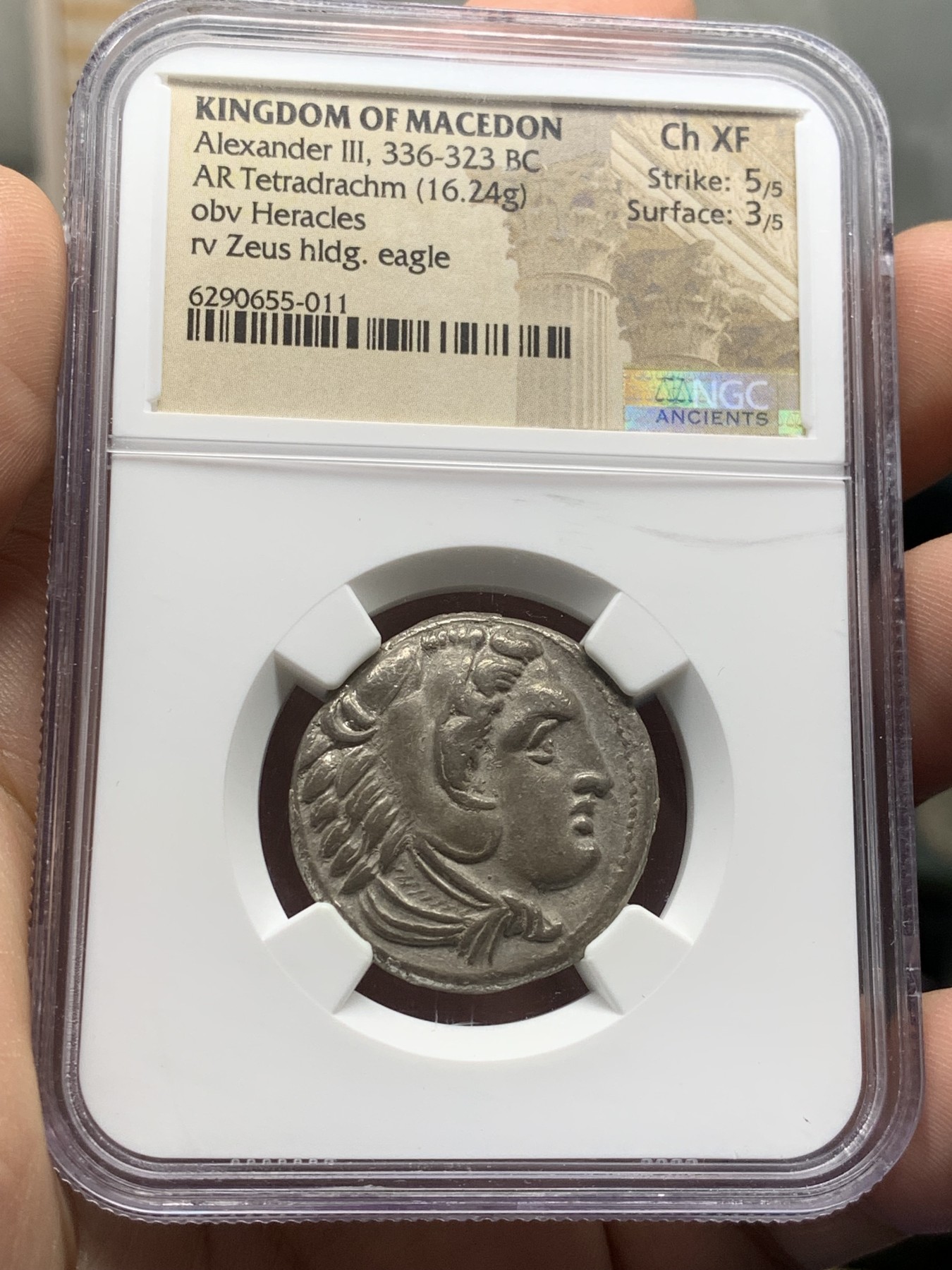 《竞宝斋》第209场-周日，周一 2场 (全场包邮) NGC-CHXF 古希腊亚历山大大帝 在世版 4德拉克马大银币   黑漆古包浆，状态极佳，艺术性好，安菲波利斯造币厂的在世版