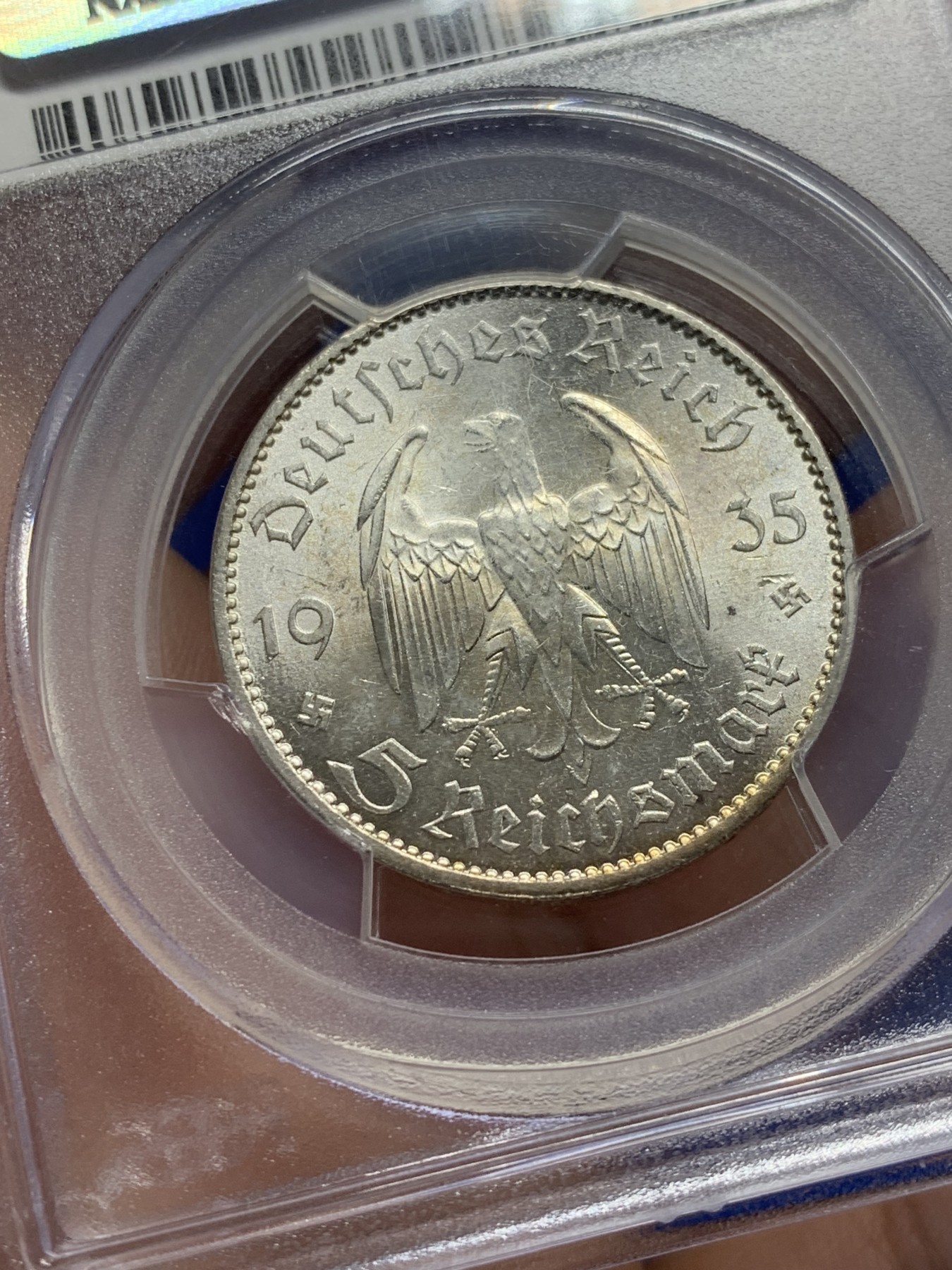 《竞宝斋》第209场-周日，周一 2场 (全场包邮) PCGS-MS63 德国 1935年教堂无字5马克银币 好品极少见