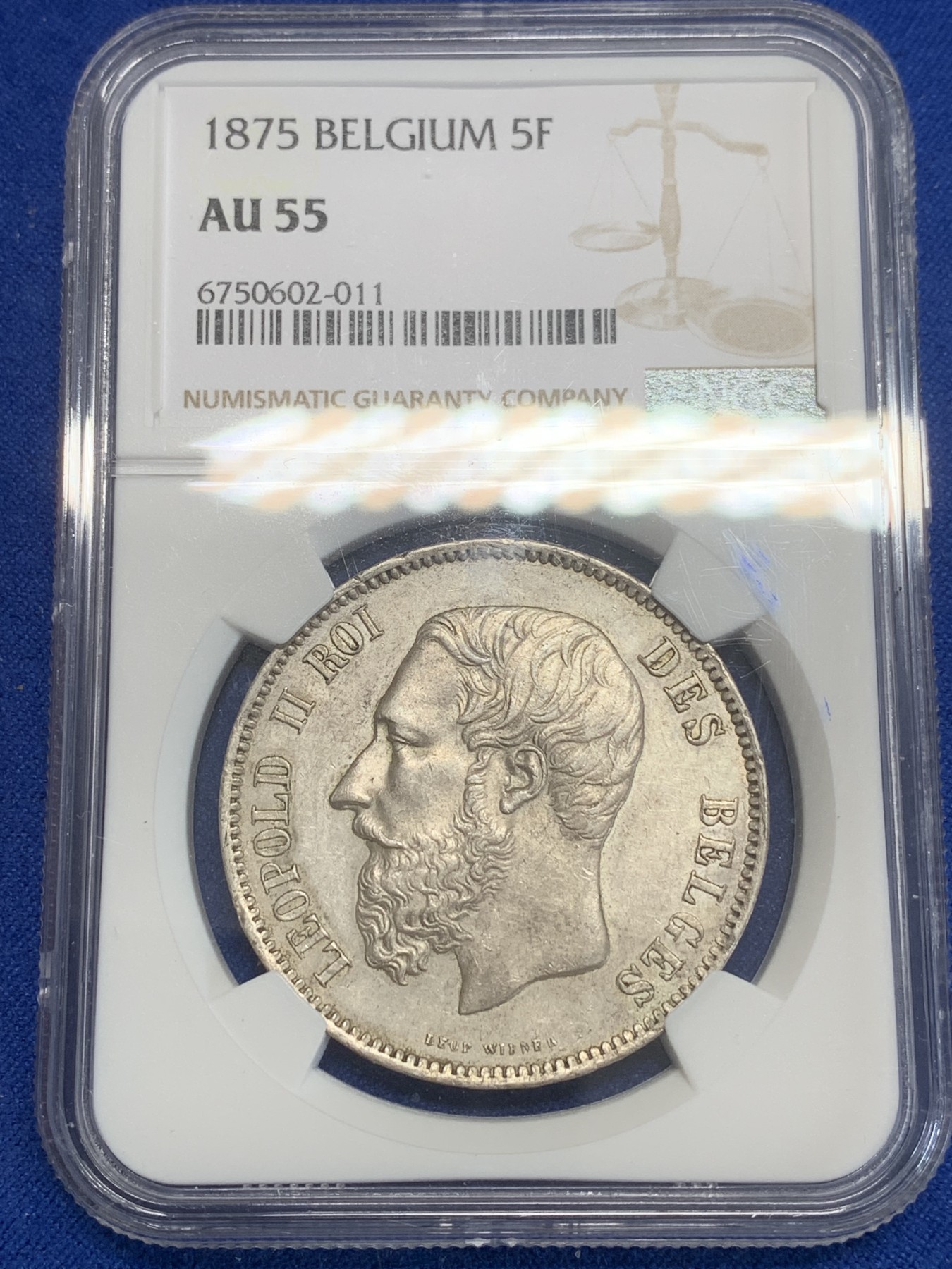 《竞宝斋》第209场-周日，周一 2场 (全场包邮) NGC AU55 比利时1875利奥波德 5法郎银币 细节好