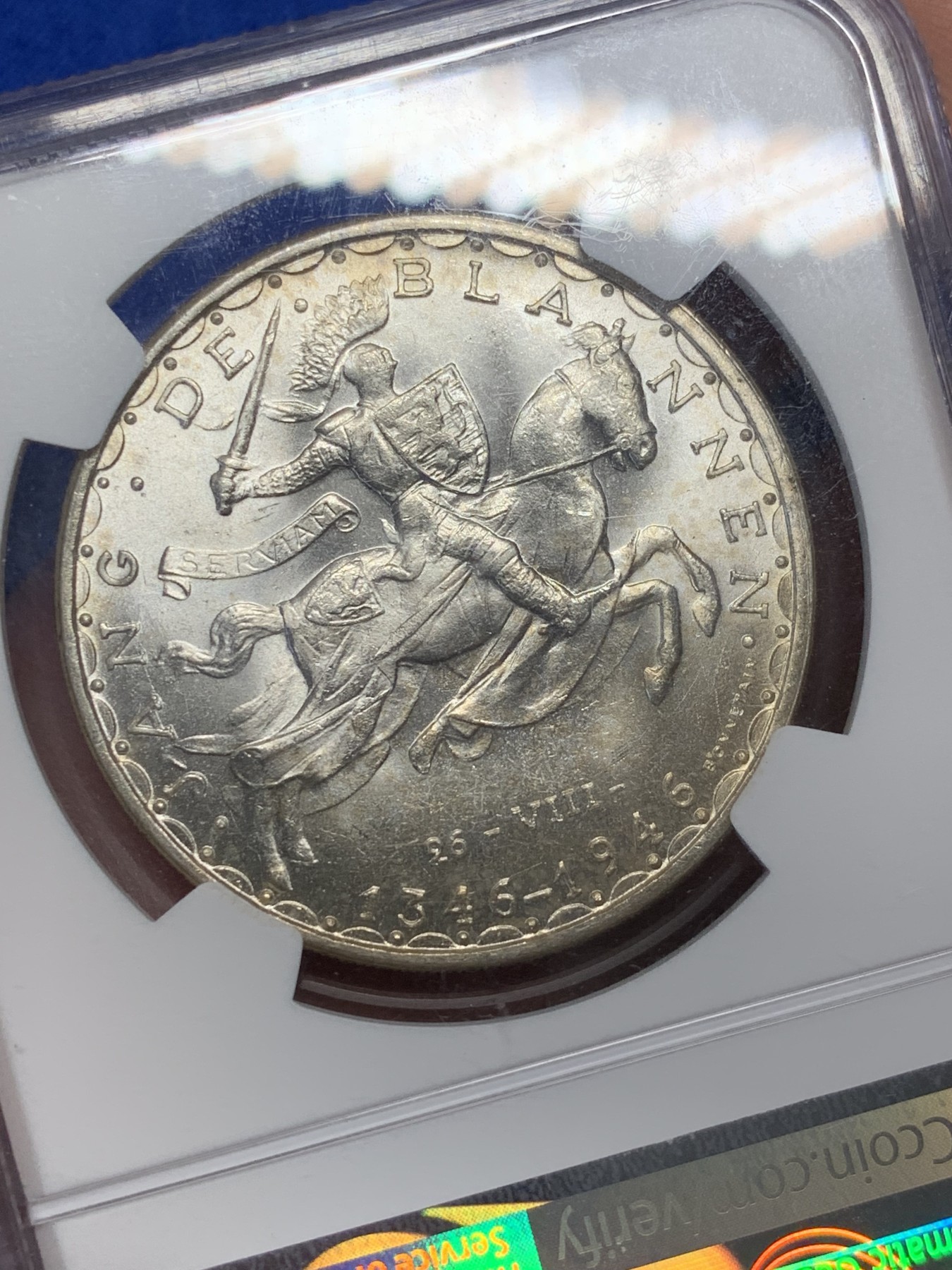 《竞宝斋》第209场-周日，周一 2场 (全场包邮) NGC-MS65 卢森堡 1946年 盲人约翰阵亡600年纪念100法郎银币