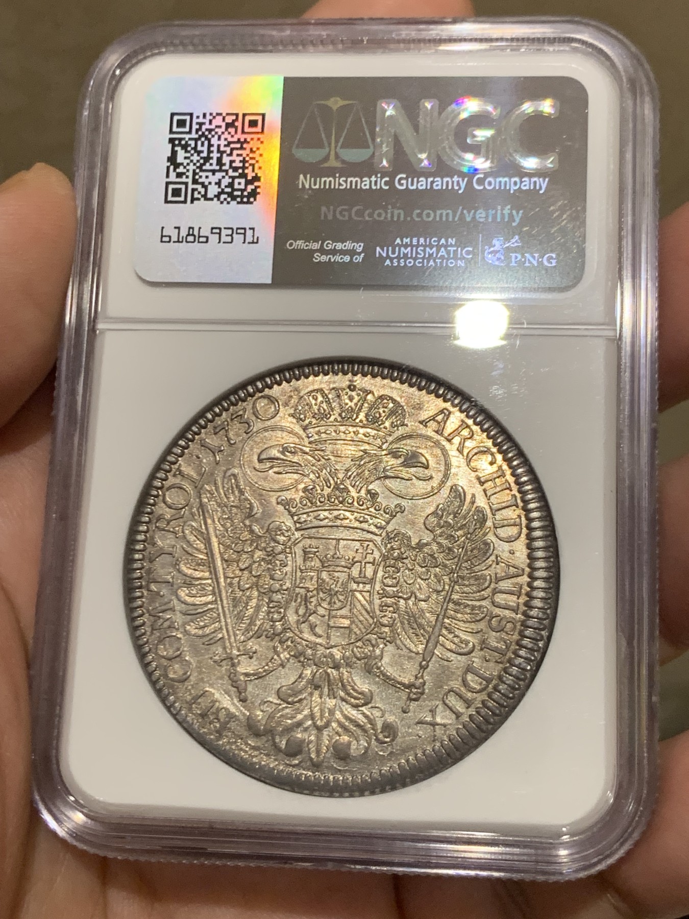 《竞宝斋》第209场-周日，周一 2场 (全场包邮) NGC-AU58 1730年 神圣罗马帝国 卡尔六世 1泰勒 大银币  原光紫彩包浆，严重低评，状态非常好