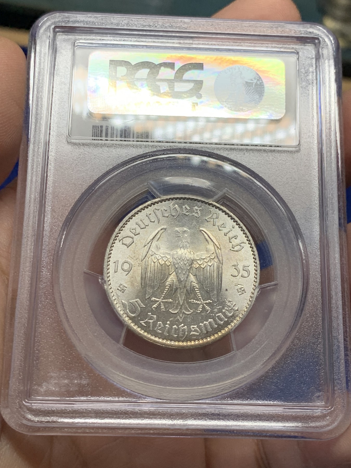 《竞宝斋》第209场-周日，周一 2场 (全场包邮) PCGS-MS63 德国 1935年教堂无字5马克银币 好品极少见