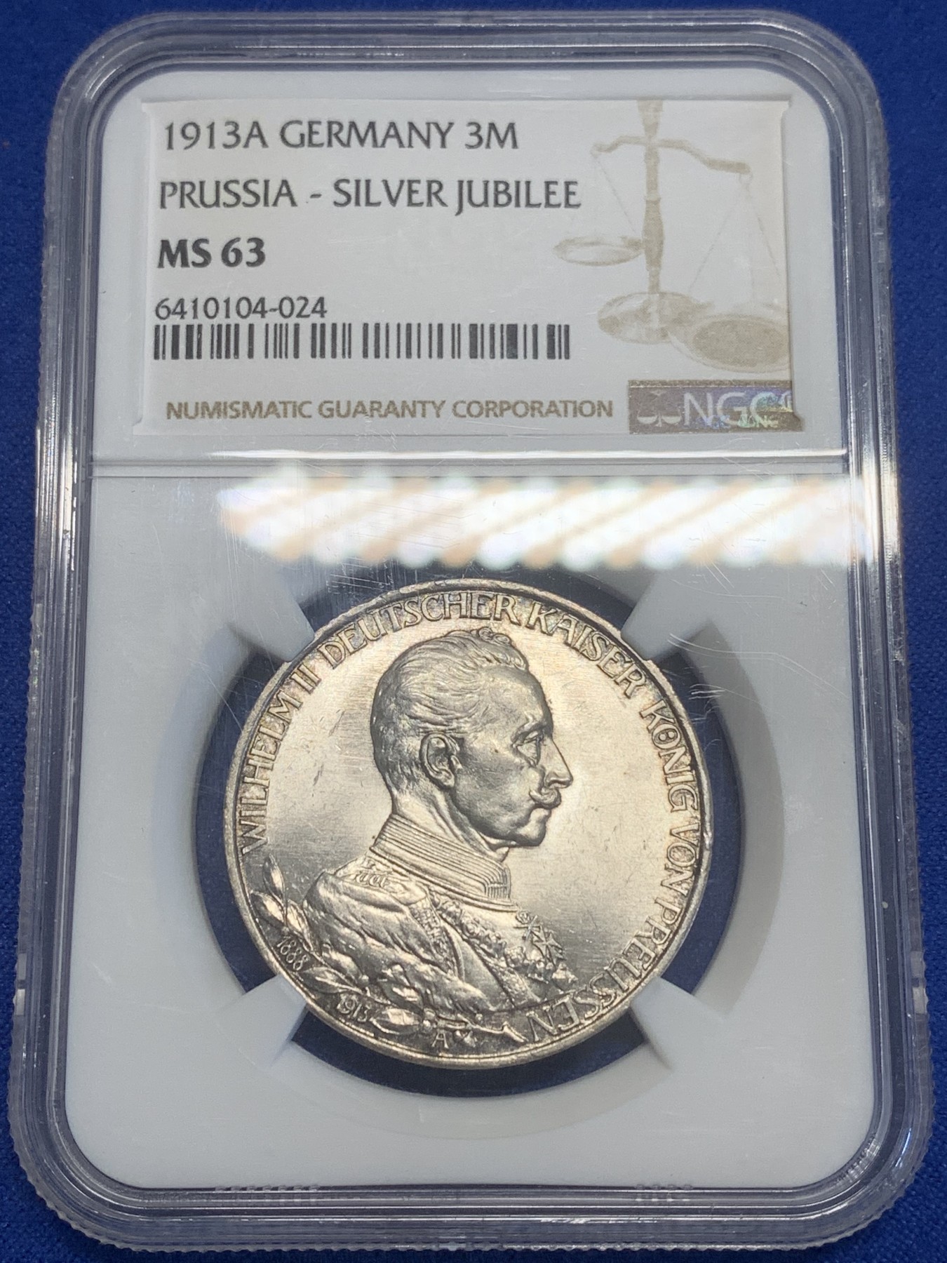 《竞宝斋》第209场-周日，周一 2场 (全场包邮) NGC MS63 德国1913普鲁士3马克银币