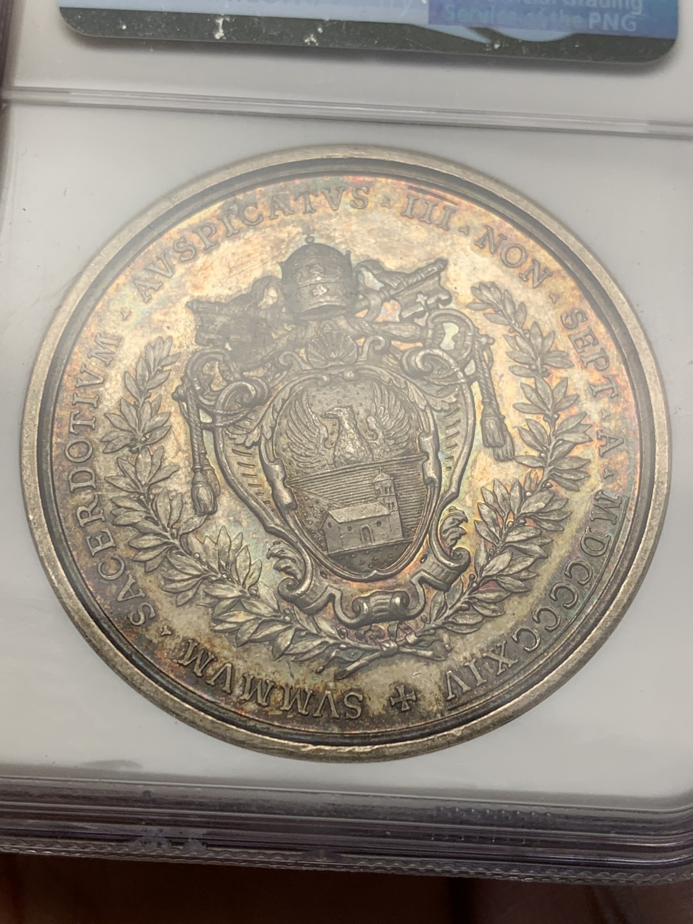 《竞宝斋》第209场-周日，周一 2场 (全场包邮) NGC-MS62 梵蒂冈 1914 教宗本内迪克十五世纪念银章 双面深彩包浆 非常不错