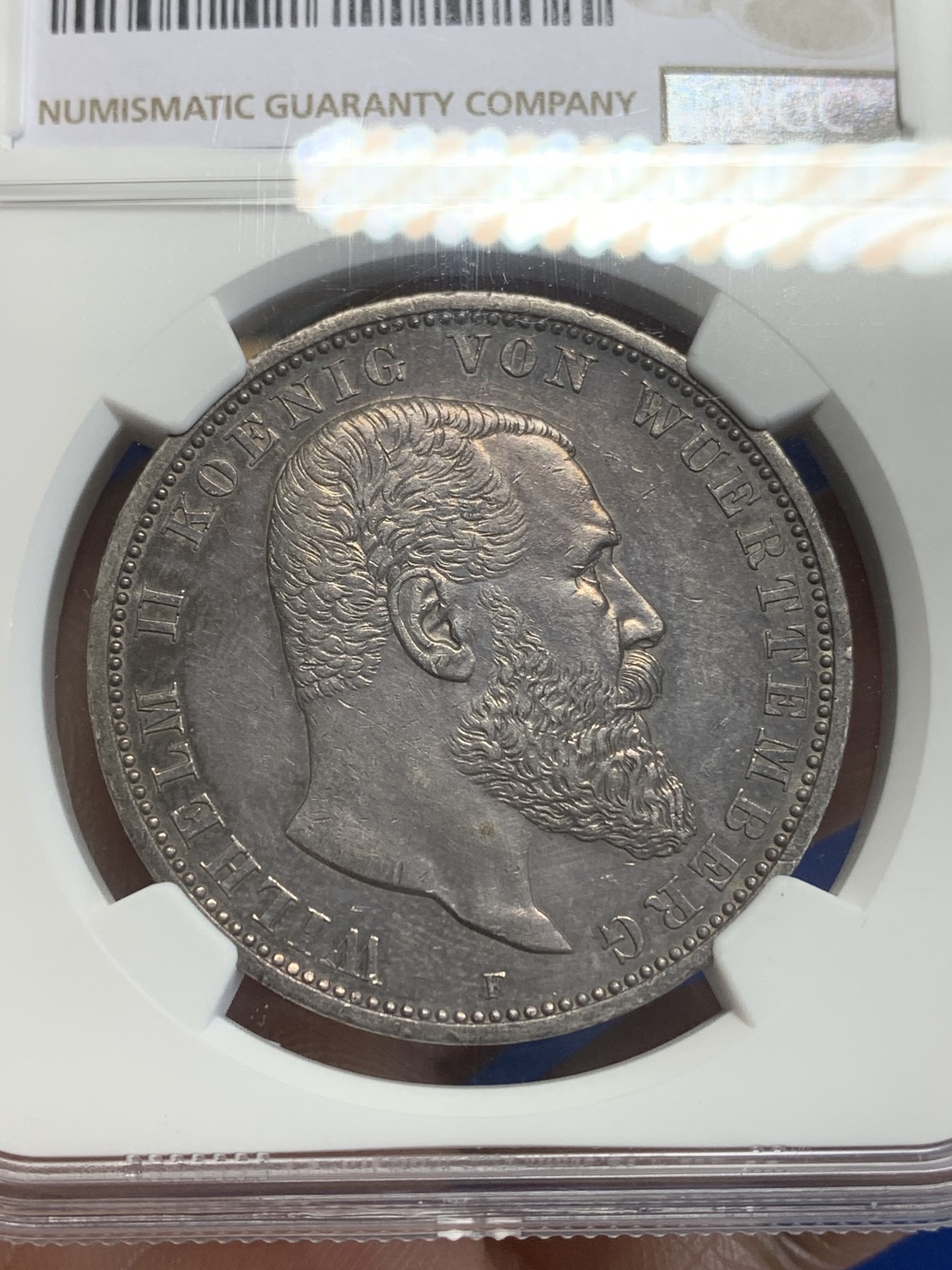 《竞宝斋》第209场-周日，周一 2场 (全场包邮) NGC-UNC 1908年 德国 符腾堡王国 5马克大银币  欧陆紫色包浆 细节很好 不给分可惜