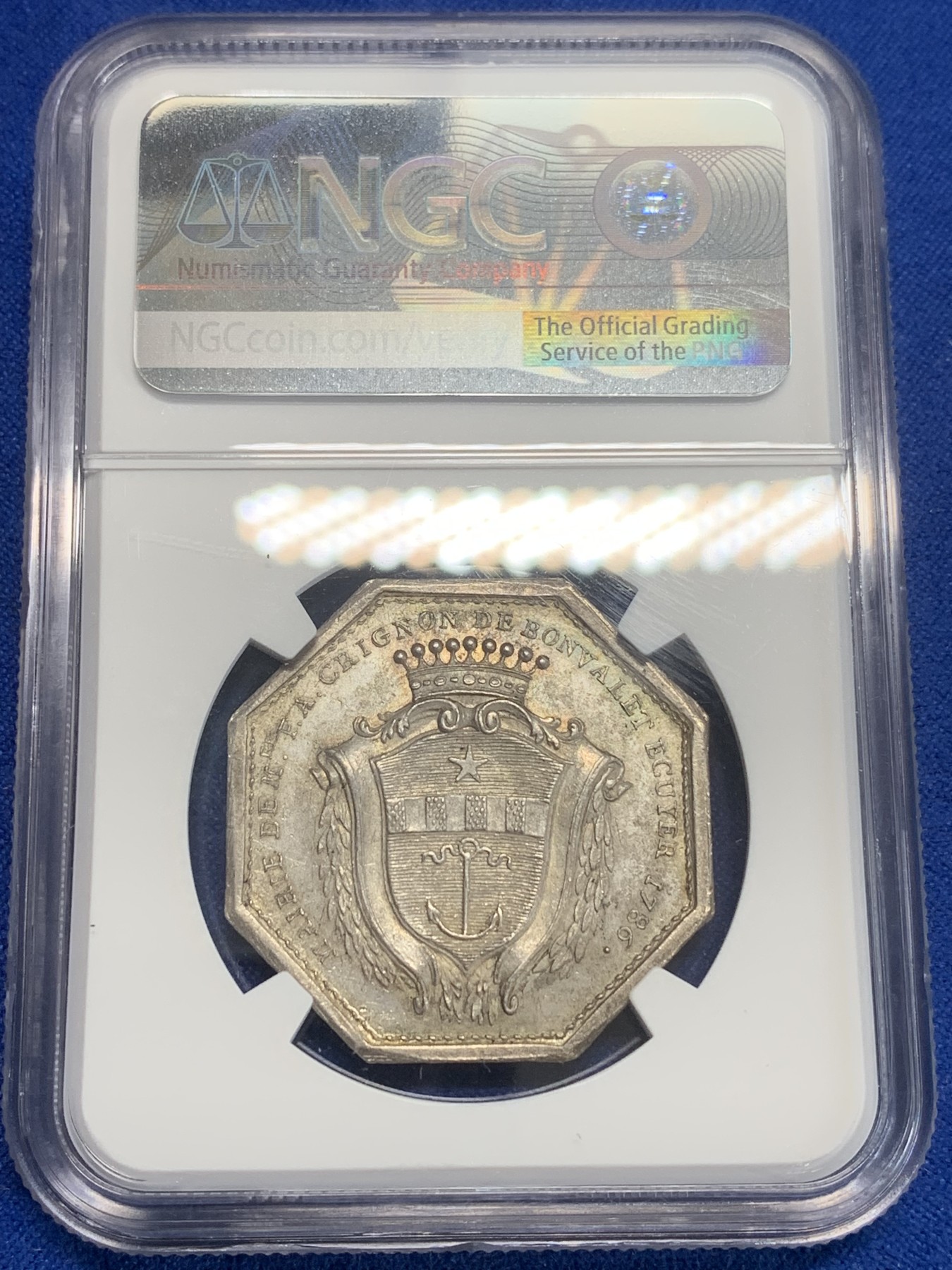 《竞宝斋》第209场-周日，周一 2场 (全场包邮) NGC MS63 法国1786早期好品八角银质代币