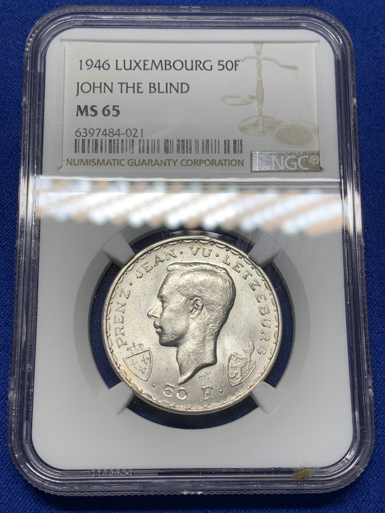 《竞宝斋》第209场-周日，周一 2场 (全场包邮) NGC-MS65 卢森堡 1946年 盲人约翰阵亡600年纪念50法郎银币