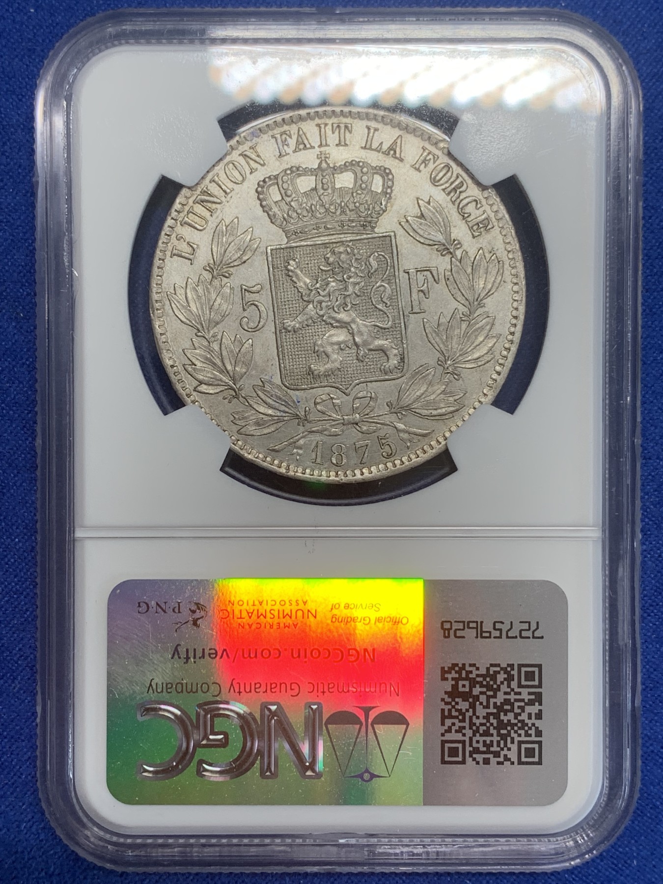 《竞宝斋》第209场-周日，周一 2场 (全场包邮) NGC AU55 比利时1875利奥波德 5法郎银币 细节好