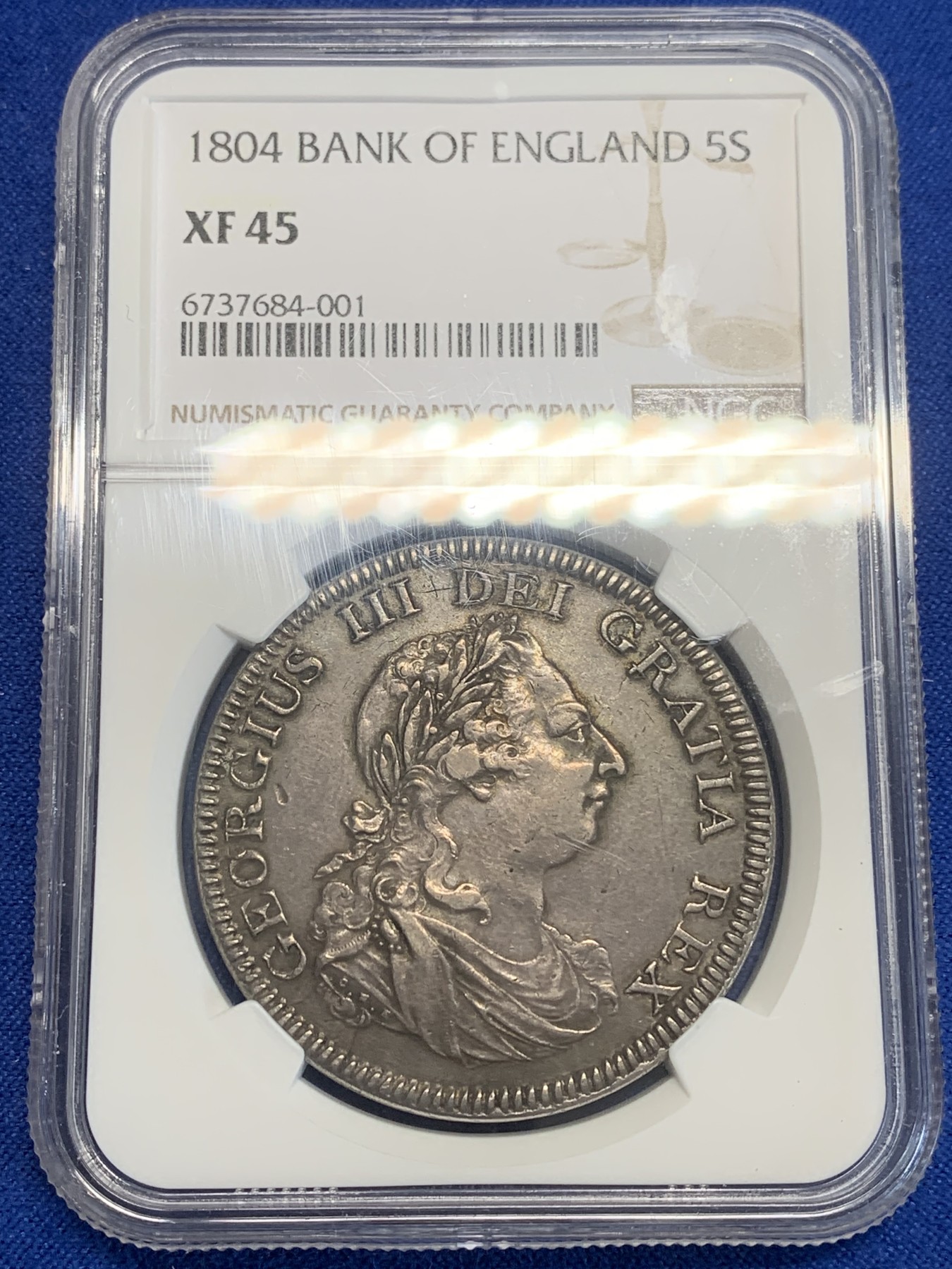 《竞宝斋》第209场-周日，周一 2场 (全场包邮) NGC-XF45 英国 1804年 乔治三世英格兰银行5先令银币 老包浆稀少品种