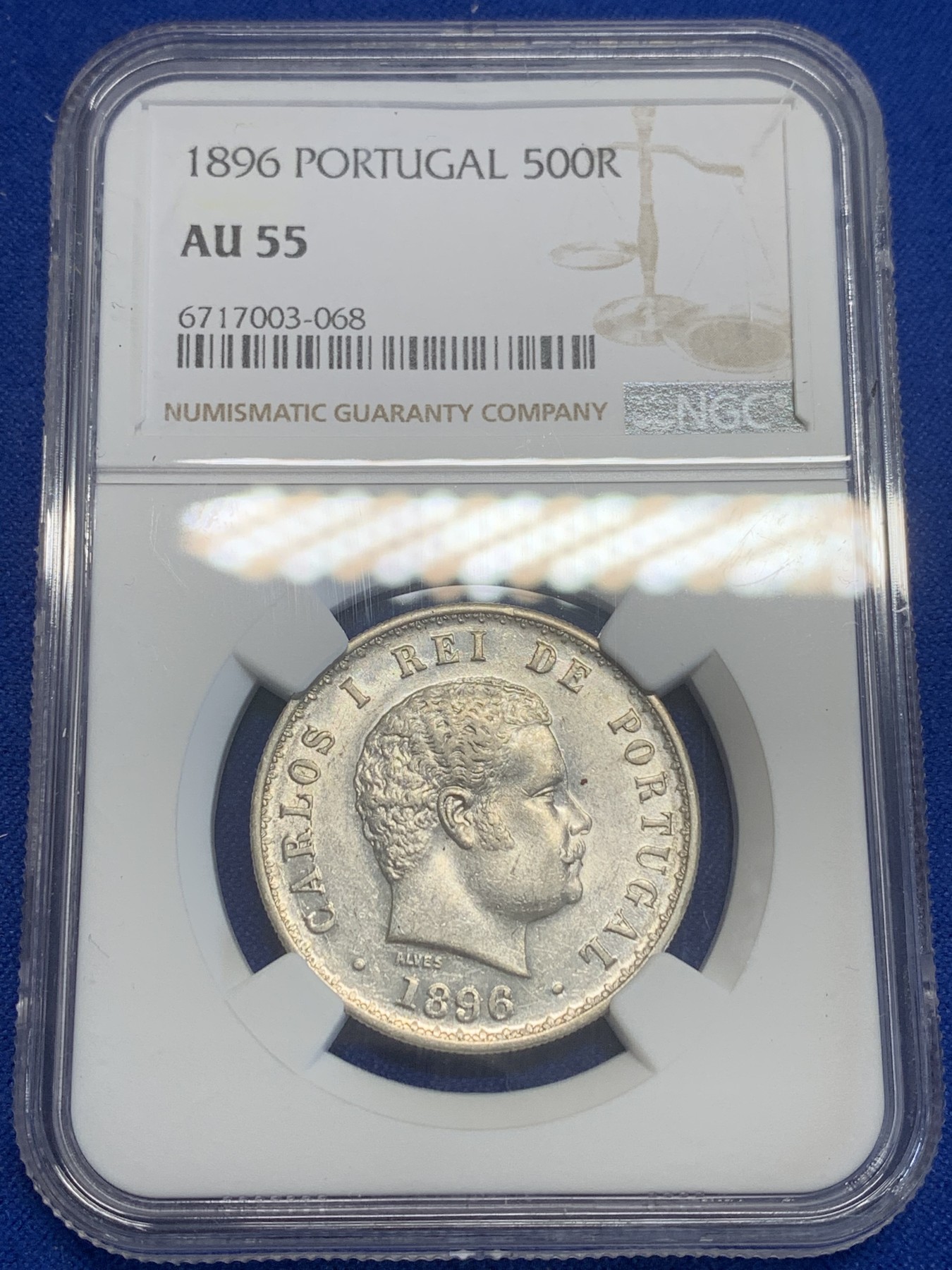 《竞宝斋》第209场-周日，周一 2场 (全场包邮) NGC AU55 葡萄牙 1896年 卡洛斯一世 500瑞斯 银币