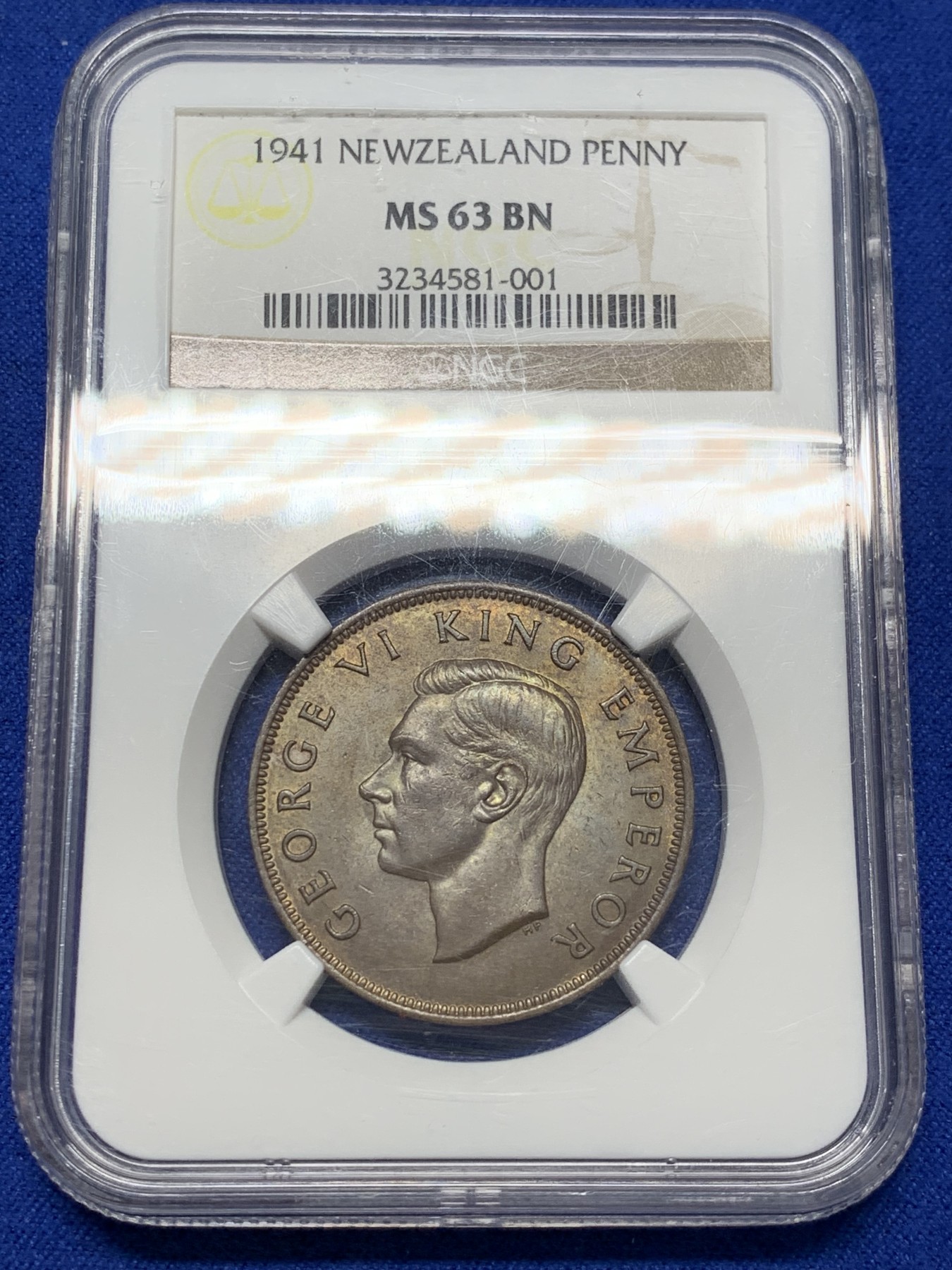 《竞宝斋》第209场-周日，周一 2场 (全场包邮) NGC MS63BN 新西兰1941年乔六1便士铜币