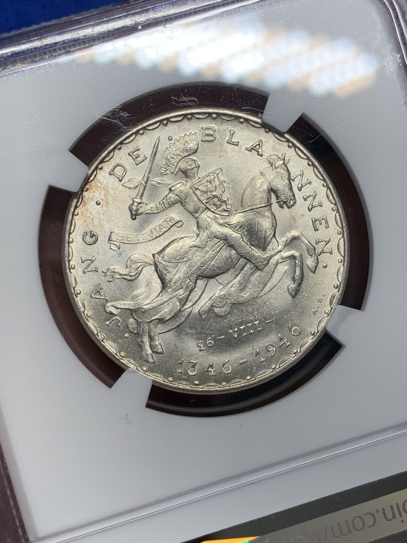 《竞宝斋》第209场-周日，周一 2场 (全场包邮) NGC-MS65 卢森堡 1946年 盲人约翰阵亡600年纪念50法郎银币